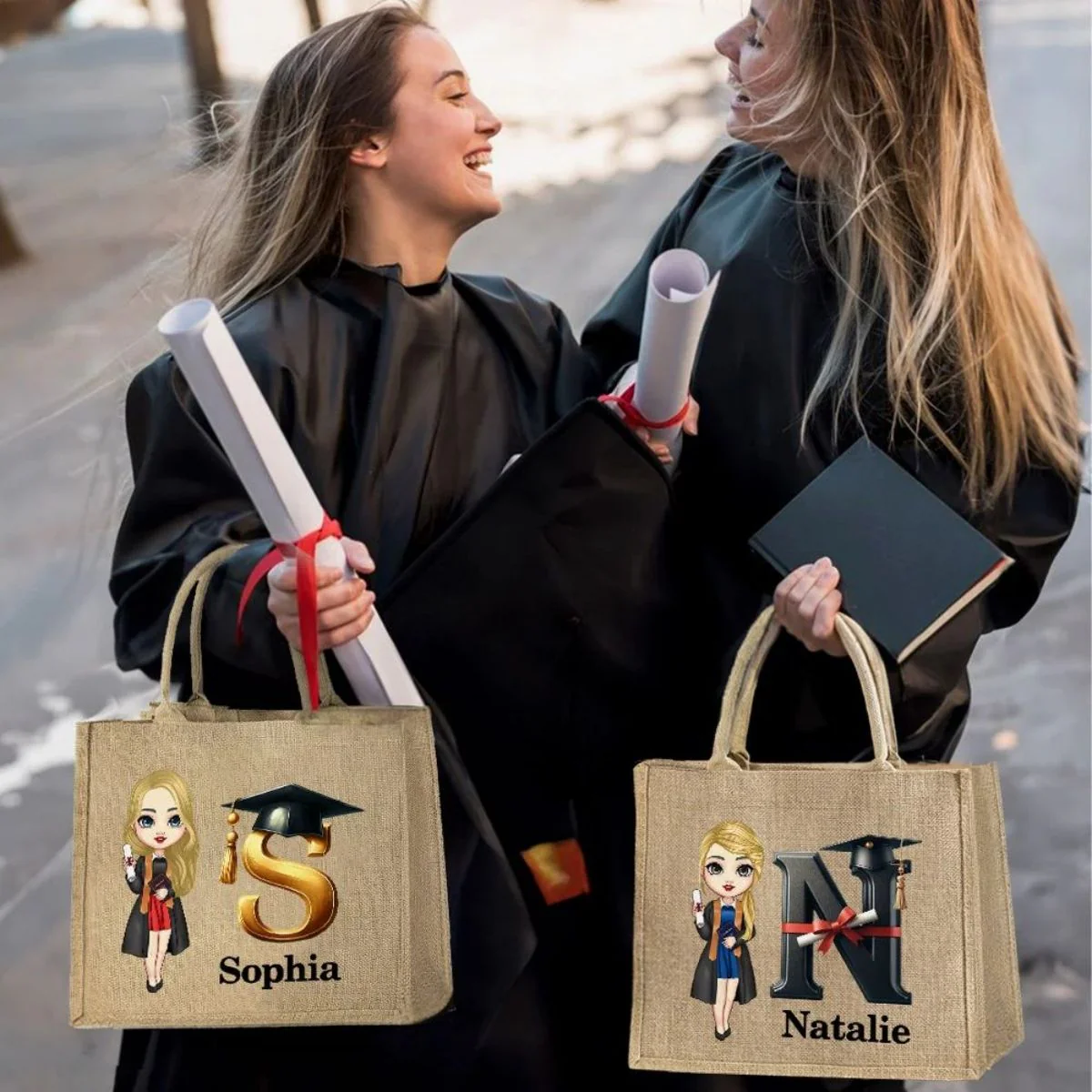 Personalized Graduation Cartoon Bachelor Hat Initial Jute Tote Bag - Image 5