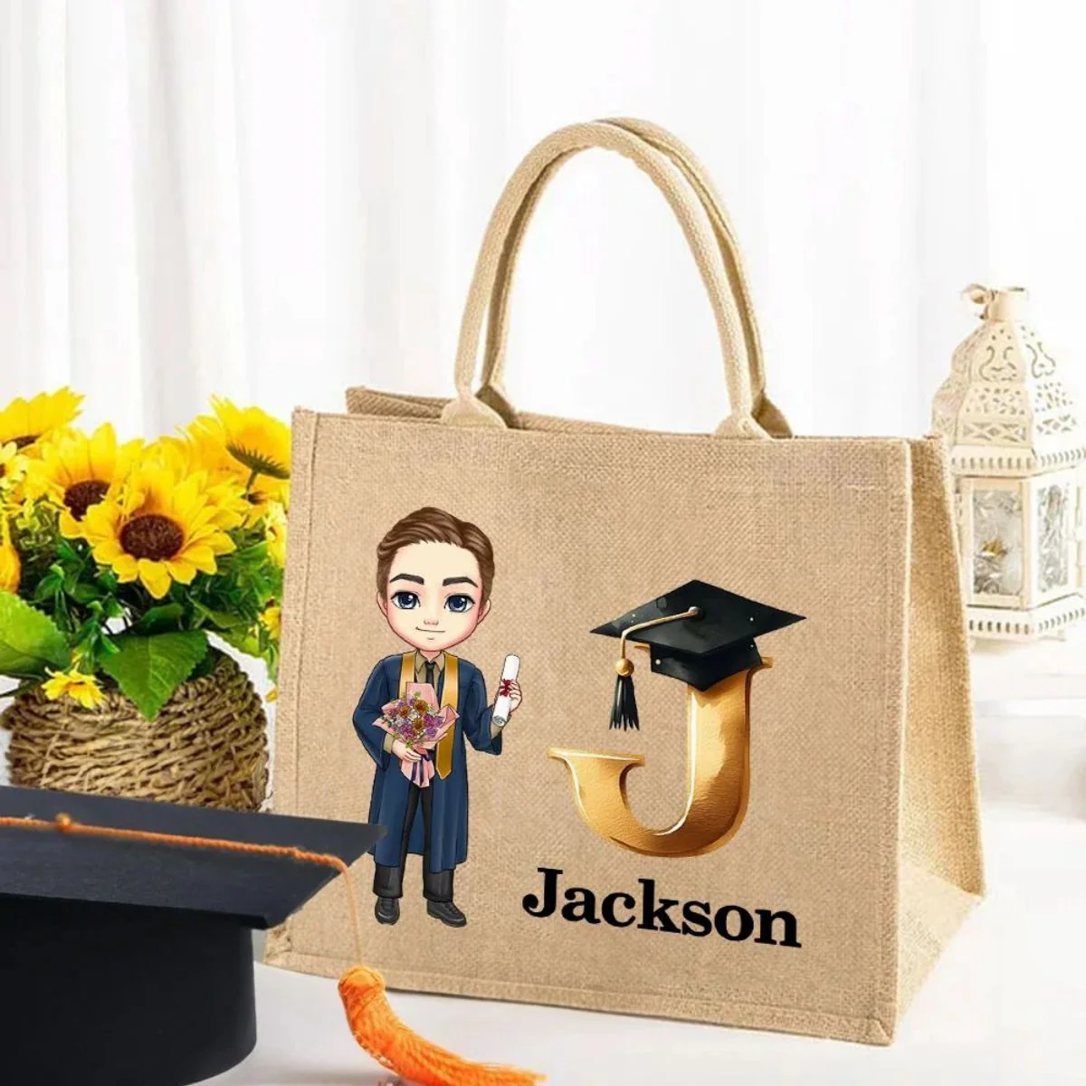Personalized Graduation Cartoon Bachelor Hat Initial Jute Tote Bag - Image 6