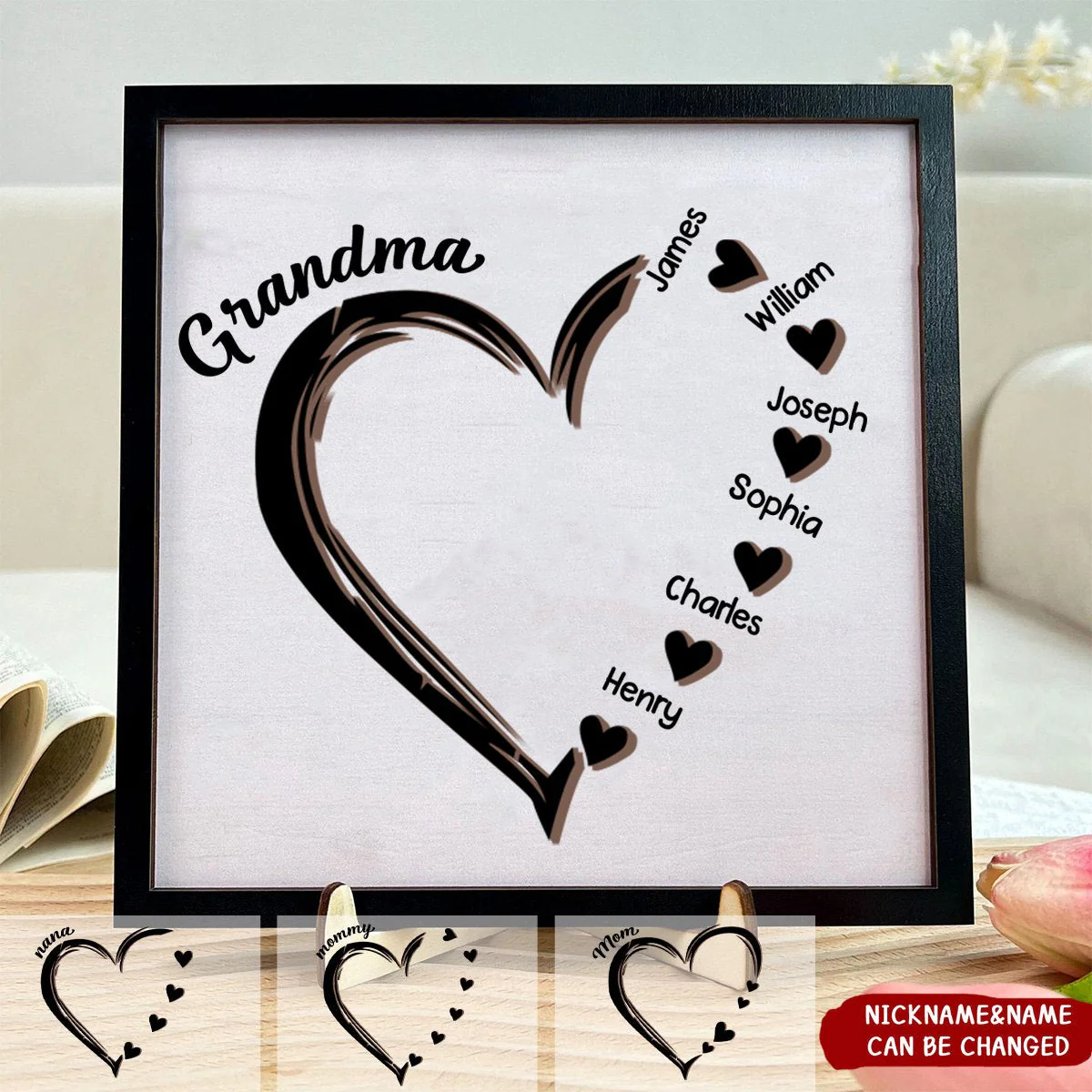 Personalized Grandma and Grandkids Heart - 2 Layers Wooden Plaque - Image 3