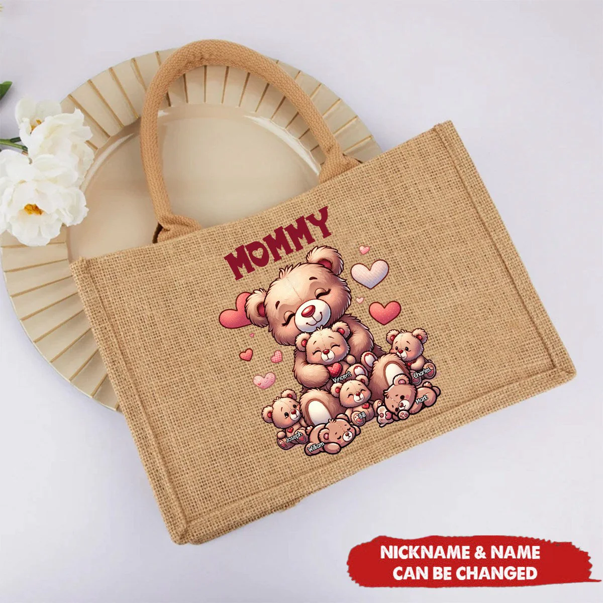 Personalized Grandma Bear With Cute Grandkids Jute Tote Bag - Image 4