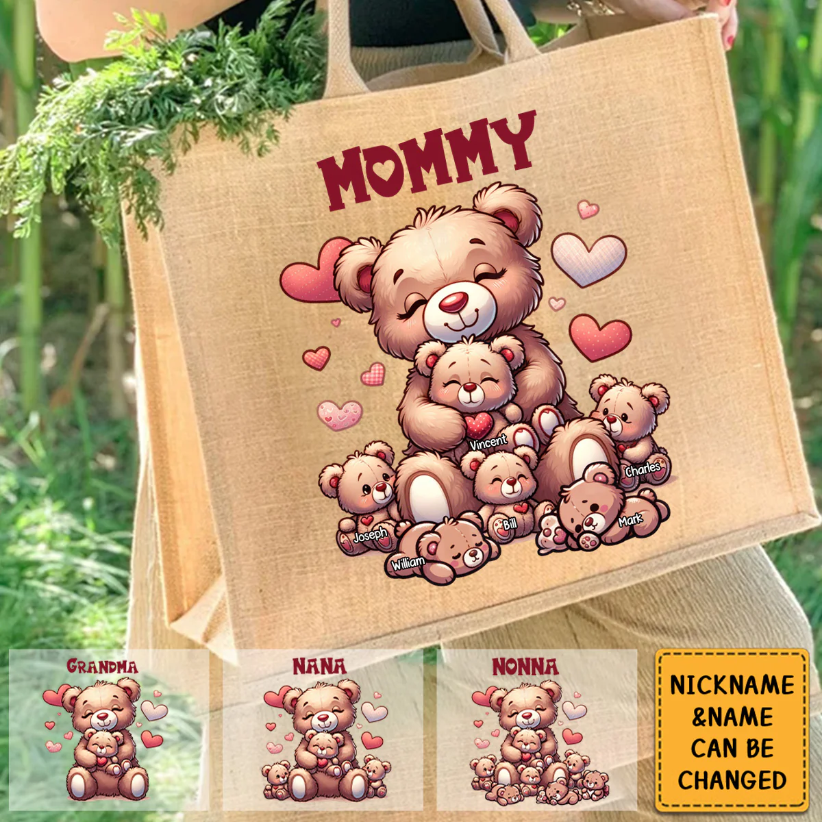 Personalized Grandma Bear With Cute Grandkids Jute Tote Bag - Image 5