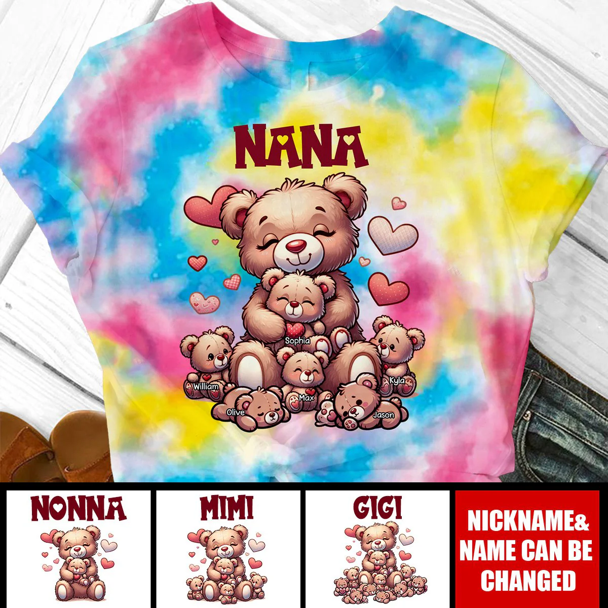 Personalized Grandma Bear With Cute Grandkids Rainbow 3D T-Shirt - Image 4