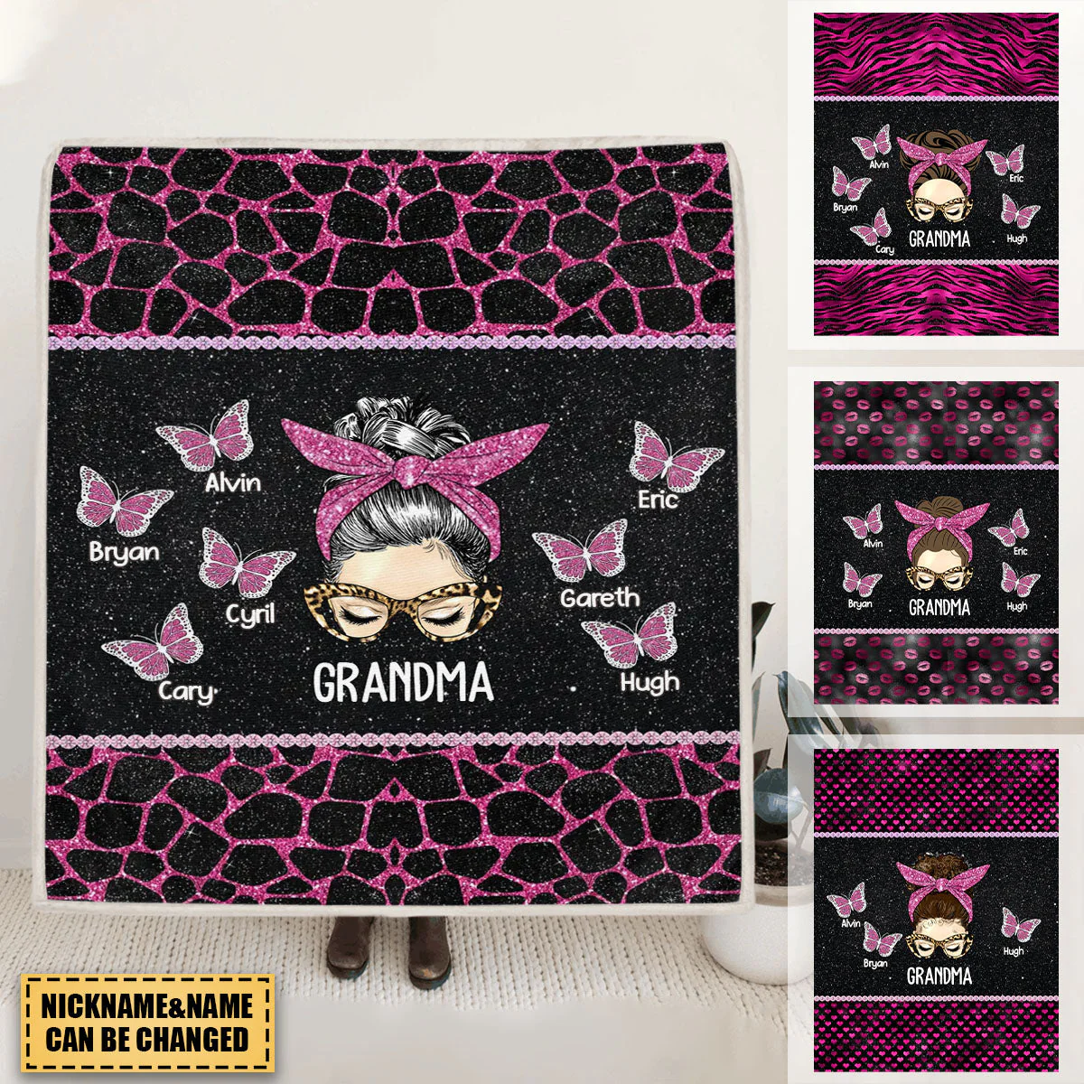Personalized Grandma Butterflies with Kid Name Quilt Blanket Printed - Image 3
