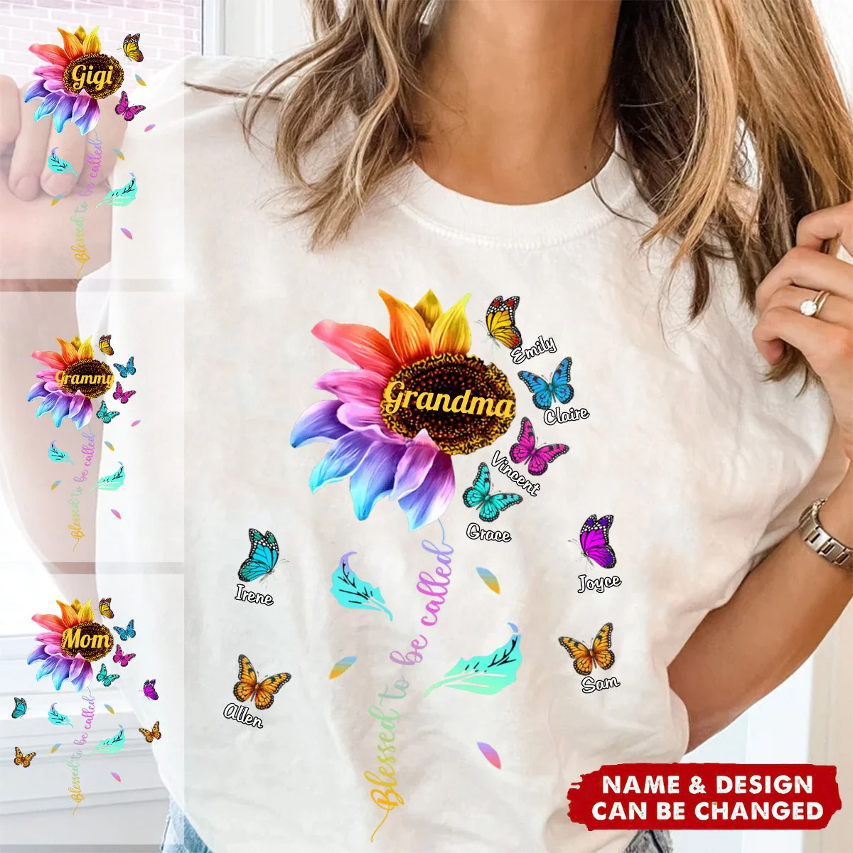 Personalized Grandma Colorful Sunflower With Butterflies Pure cotton T-shirt - Image 3