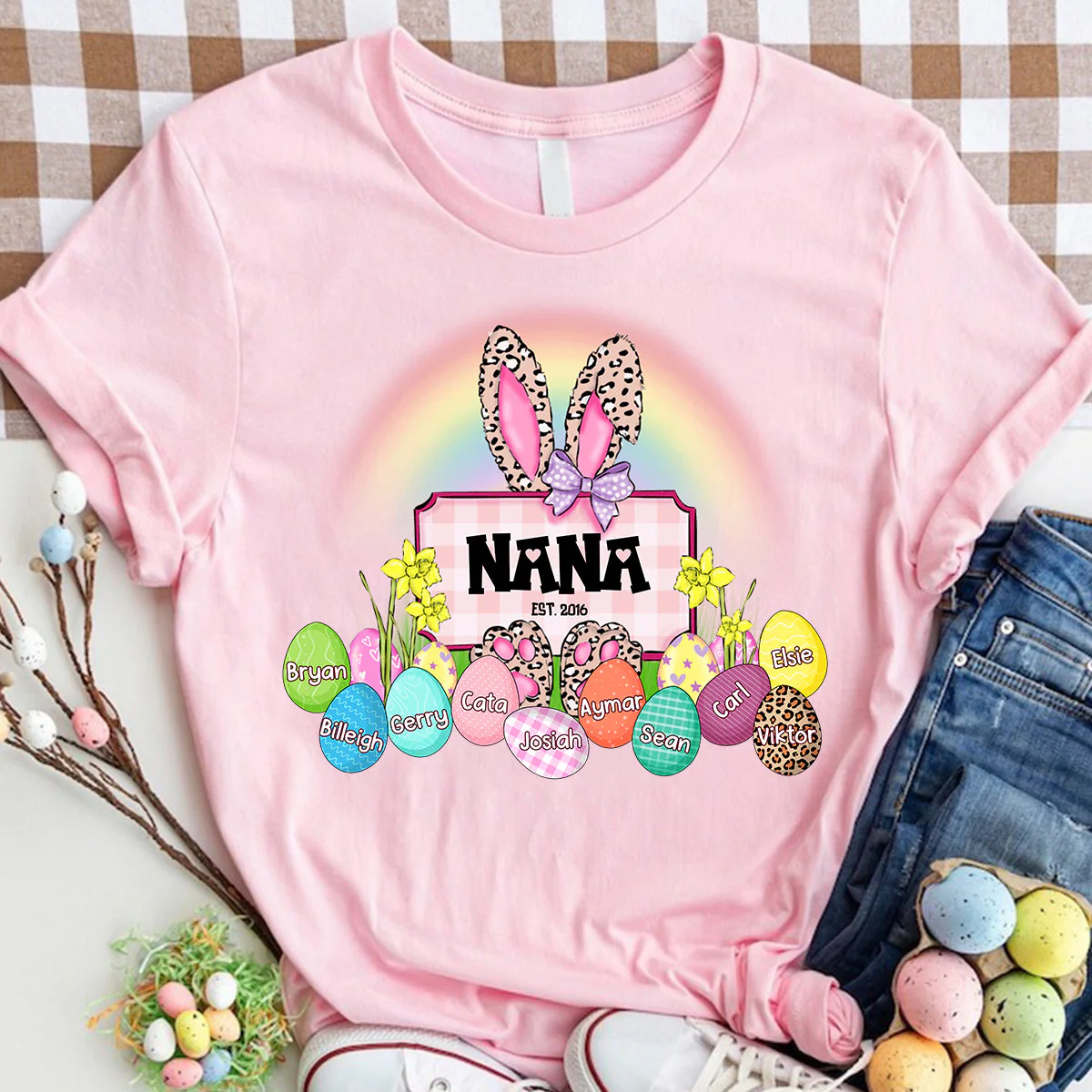 Personalized Grandma Easter Bunny Rainbow Eggs Pure Cotton T-Shirt - Image 2