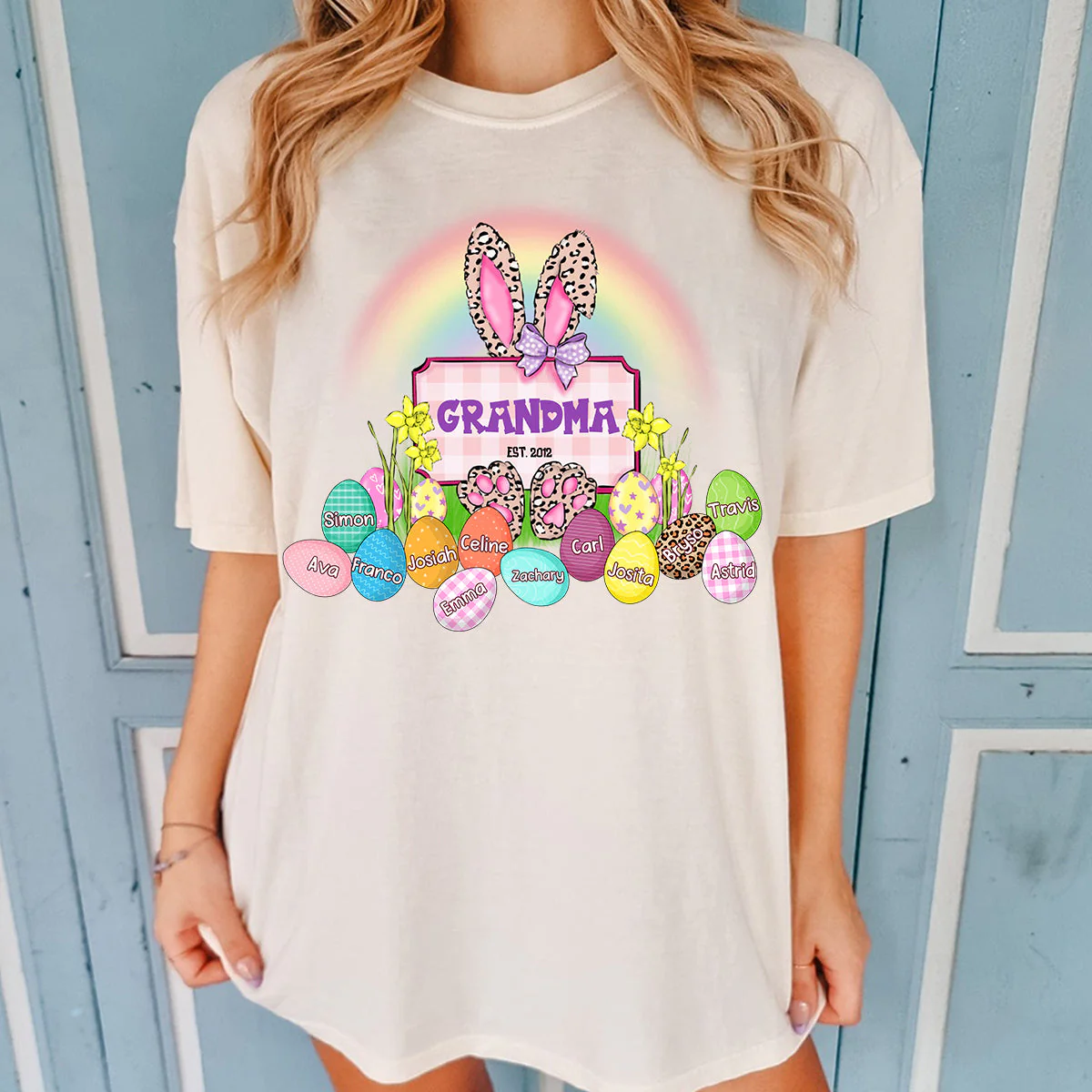 Personalized Grandma Easter Bunny Rainbow Eggs Pure Cotton T-Shirt - Image 3
