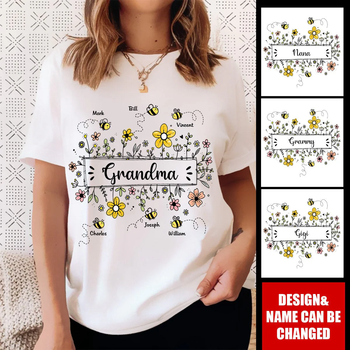 Personalized Grandma Flower Bee And Grandkids Custom Names Pure cotton T-shirt - Image 3