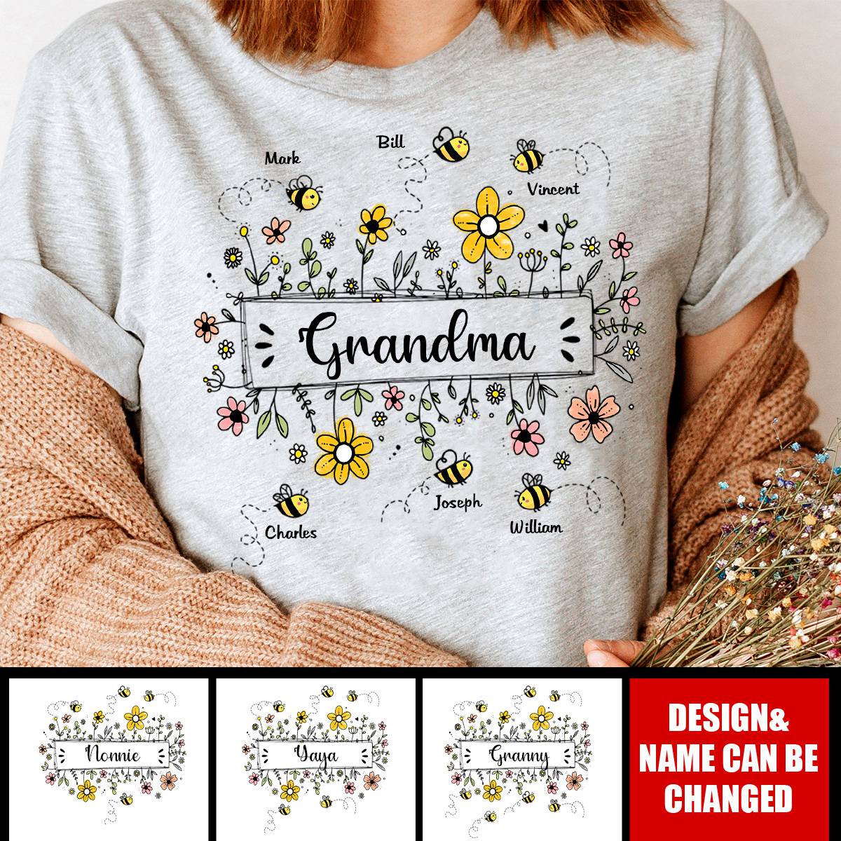 Personalized Grandma Flower Bee And Grandkids Custom Names Pure cotton T-shirt - Image 4