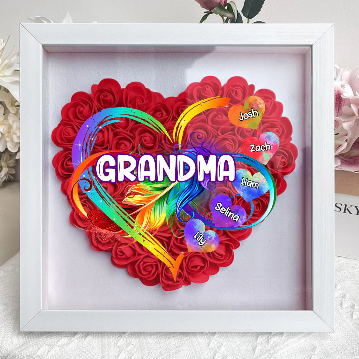 Personalized Grandma Grandkids Infinity Love Rainbow Flower Shadow Box