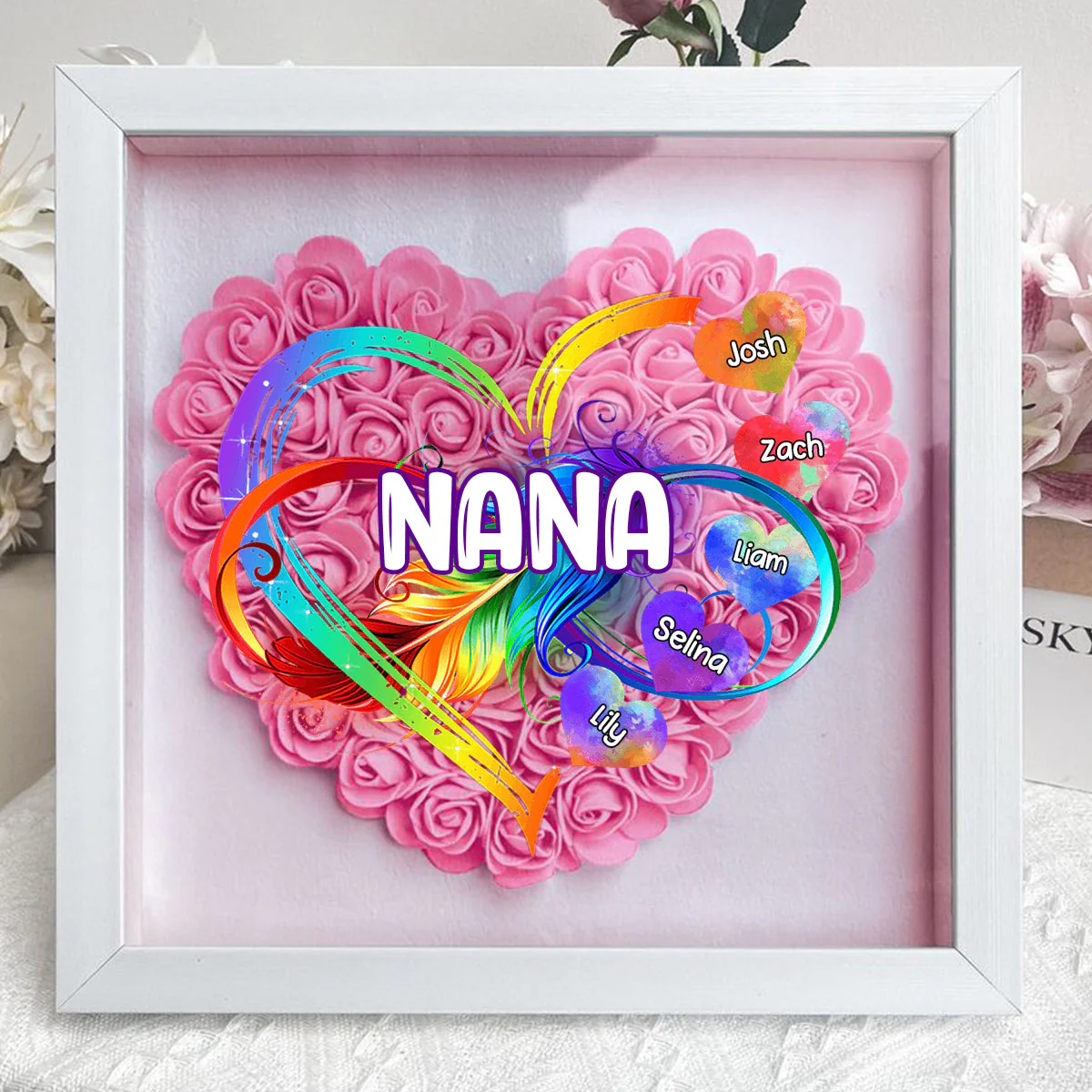 Personalized Grandma Grandkids Infinity Love Rainbow Flower Shadow Box - Image 2
