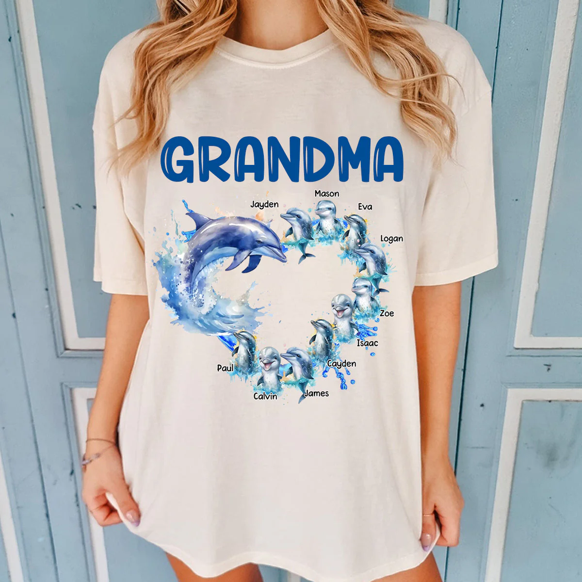 Personalized Grandma Heart Dolphins with Kids Pure Cotton T-Shirt - Image 2