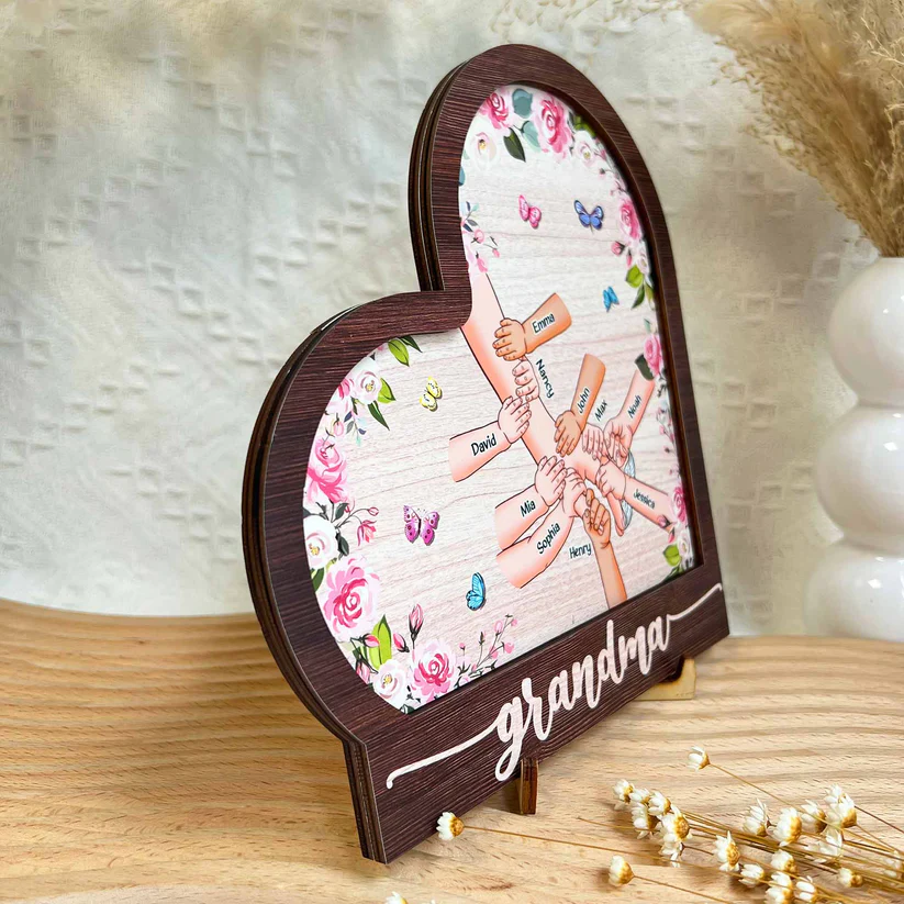 Personalized Grandma Holding Hand With Grandkids Heart Shaped Wooden Plaque - Image 2
