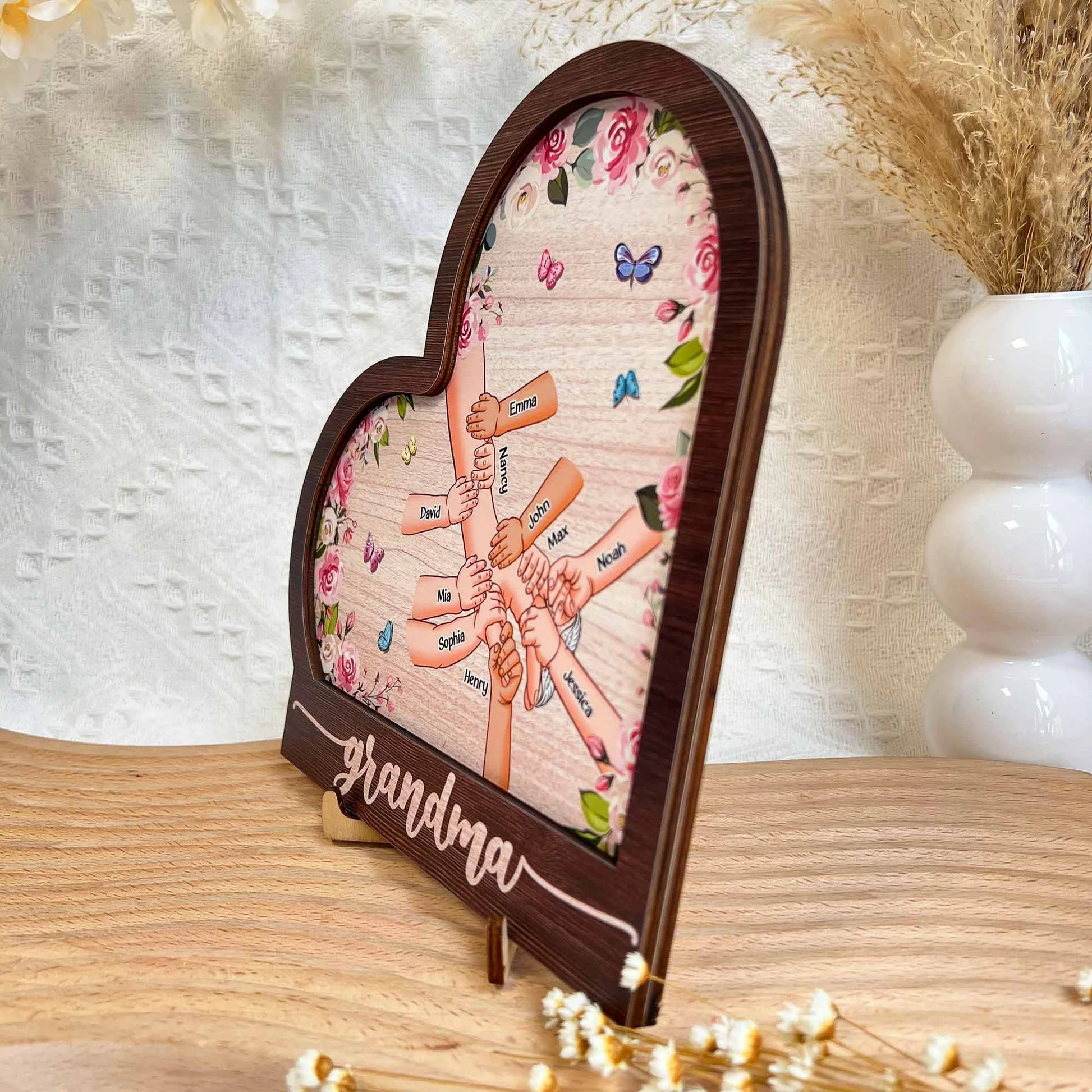 Personalized Grandma Holding Hand With Grandkids Heart Shaped Wooden Plaque - Image 3