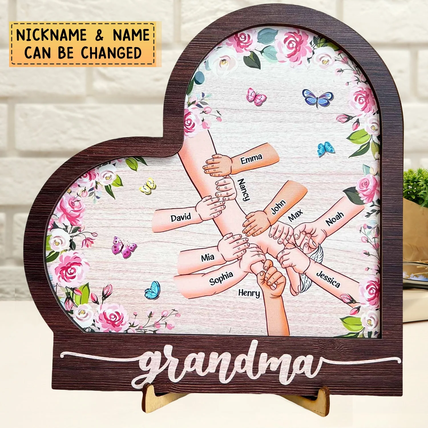 Personalized Grandma Holding Hand With Grandkids Heart Shaped Wooden Plaque - Image 4