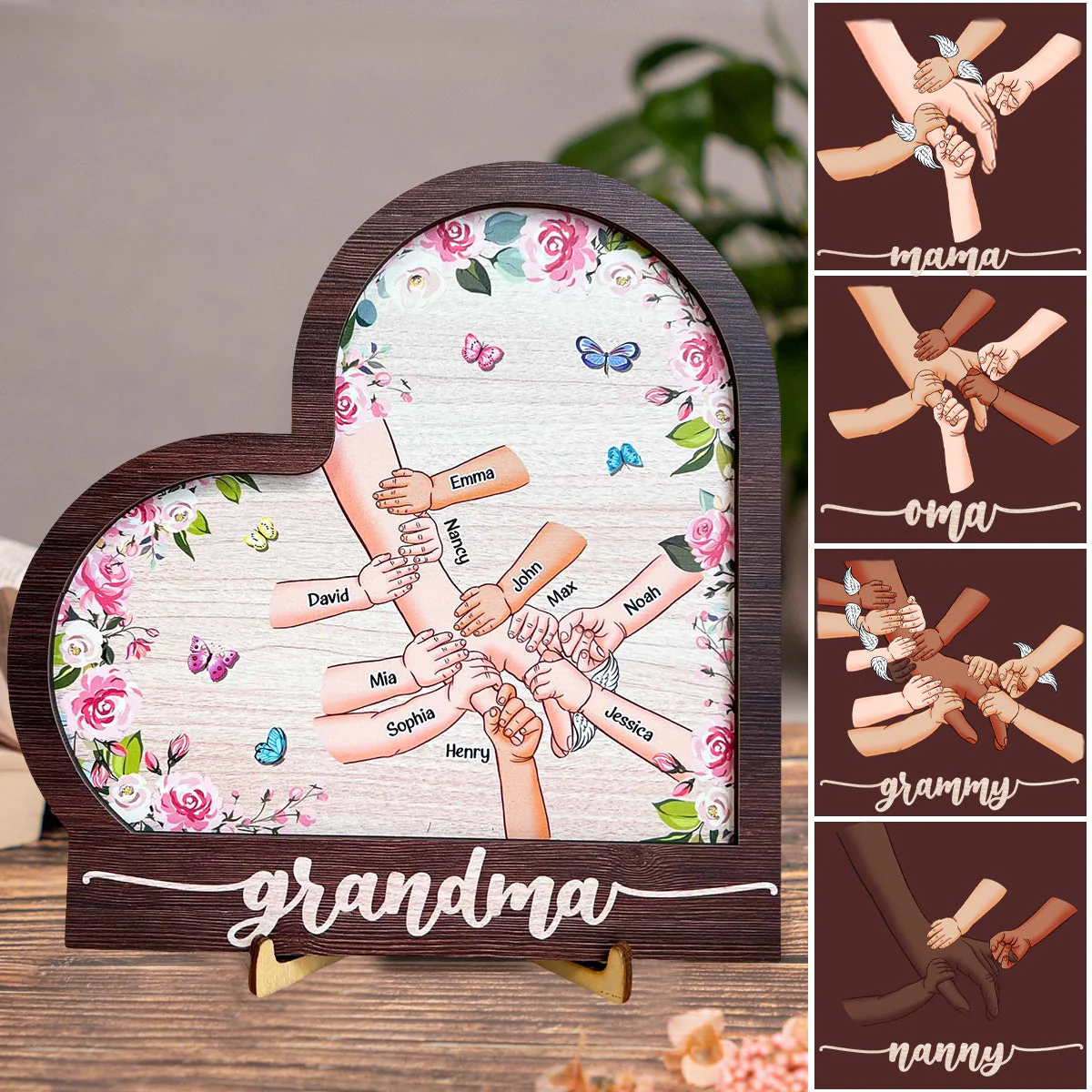 Personalized Grandma Holding Hand With Grandkids Heart Shaped Wooden Plaque - Image 5