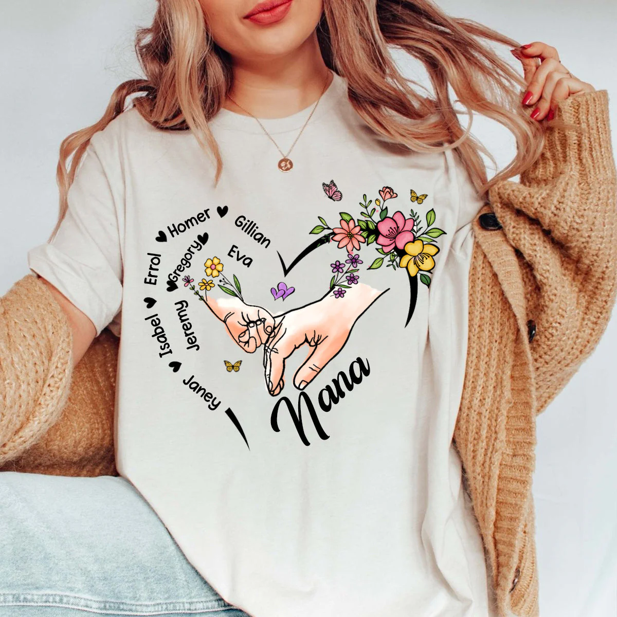 Personalized Grandma Kids Hands Flower Heart 100% Pure Cotton T-Shirt - Image 2