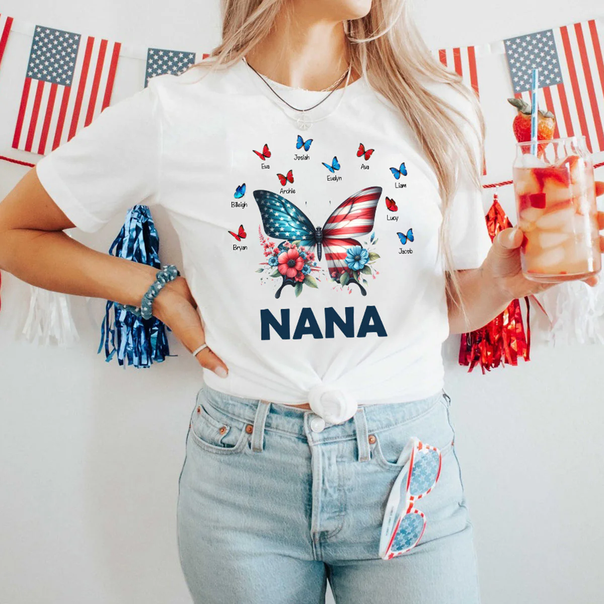 Personalized Grandma Mom Butterfly kids Independence Day T-shirt - Image 3