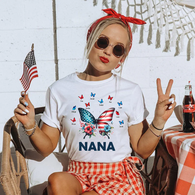 Personalized Grandma Mom Butterfly kids Independence Day T-shirt - Image 4