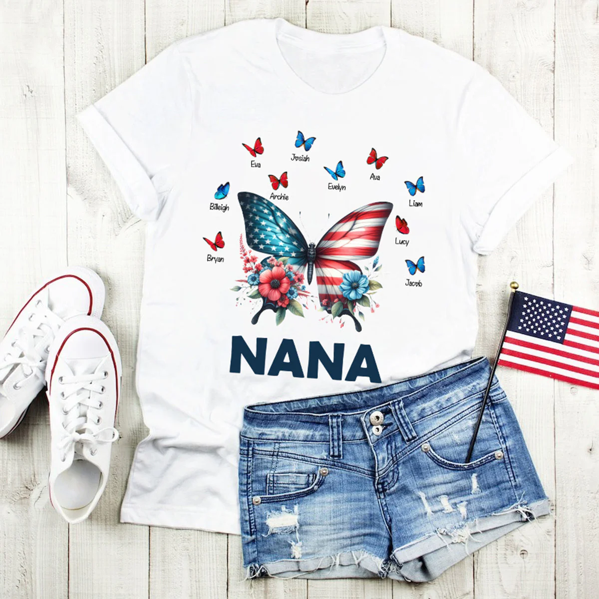Personalized Grandma Mom Butterfly kids Independence Day T-shirt - Image 5