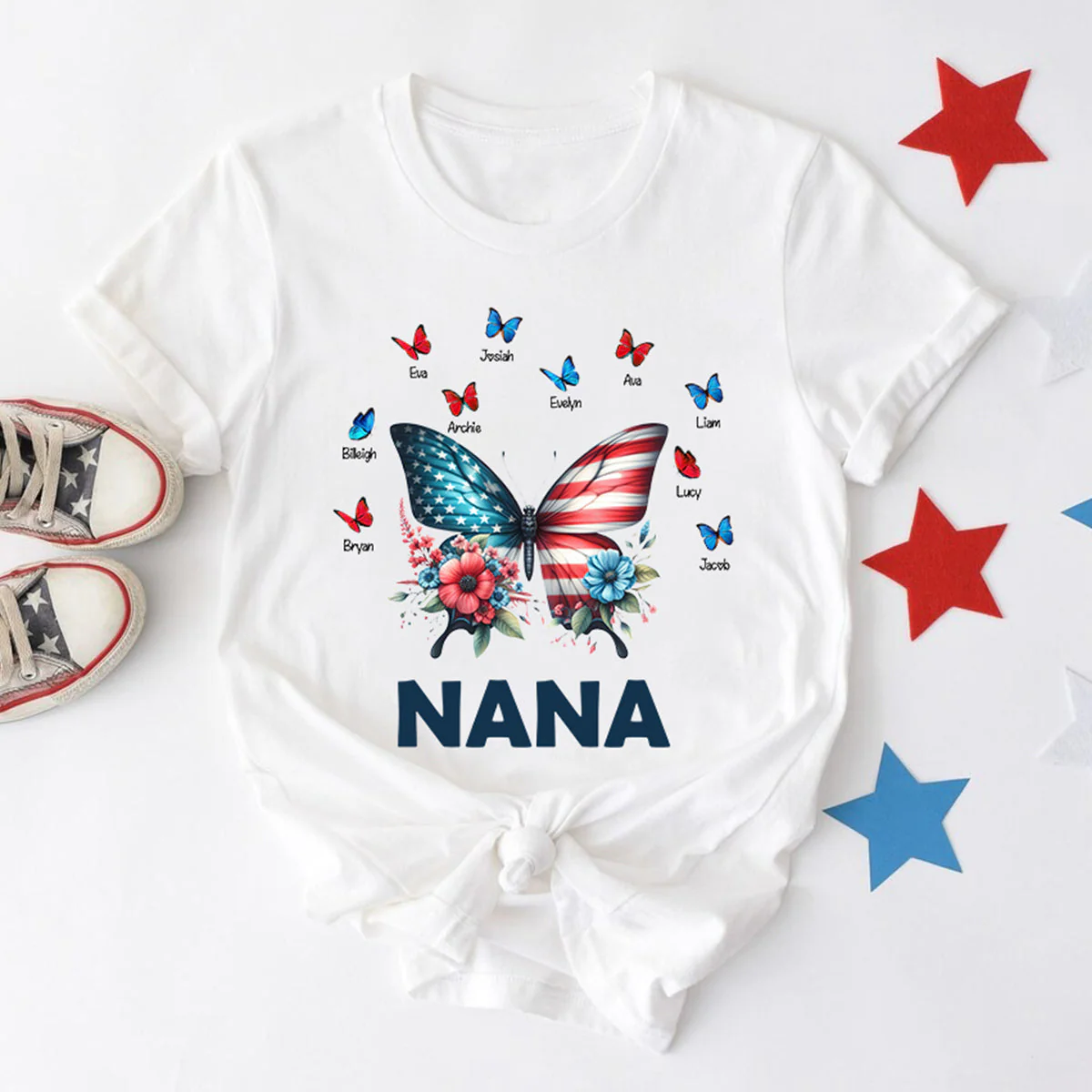 Personalized Grandma Mom Butterfly kids Independence Day T-shirt - Image 6
