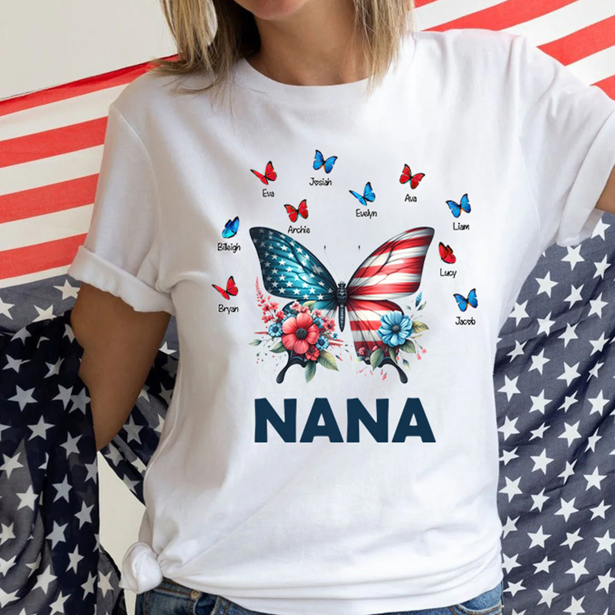 Personalized Grandma Mom Butterfly kids Independence Day T-shirt - Image 7