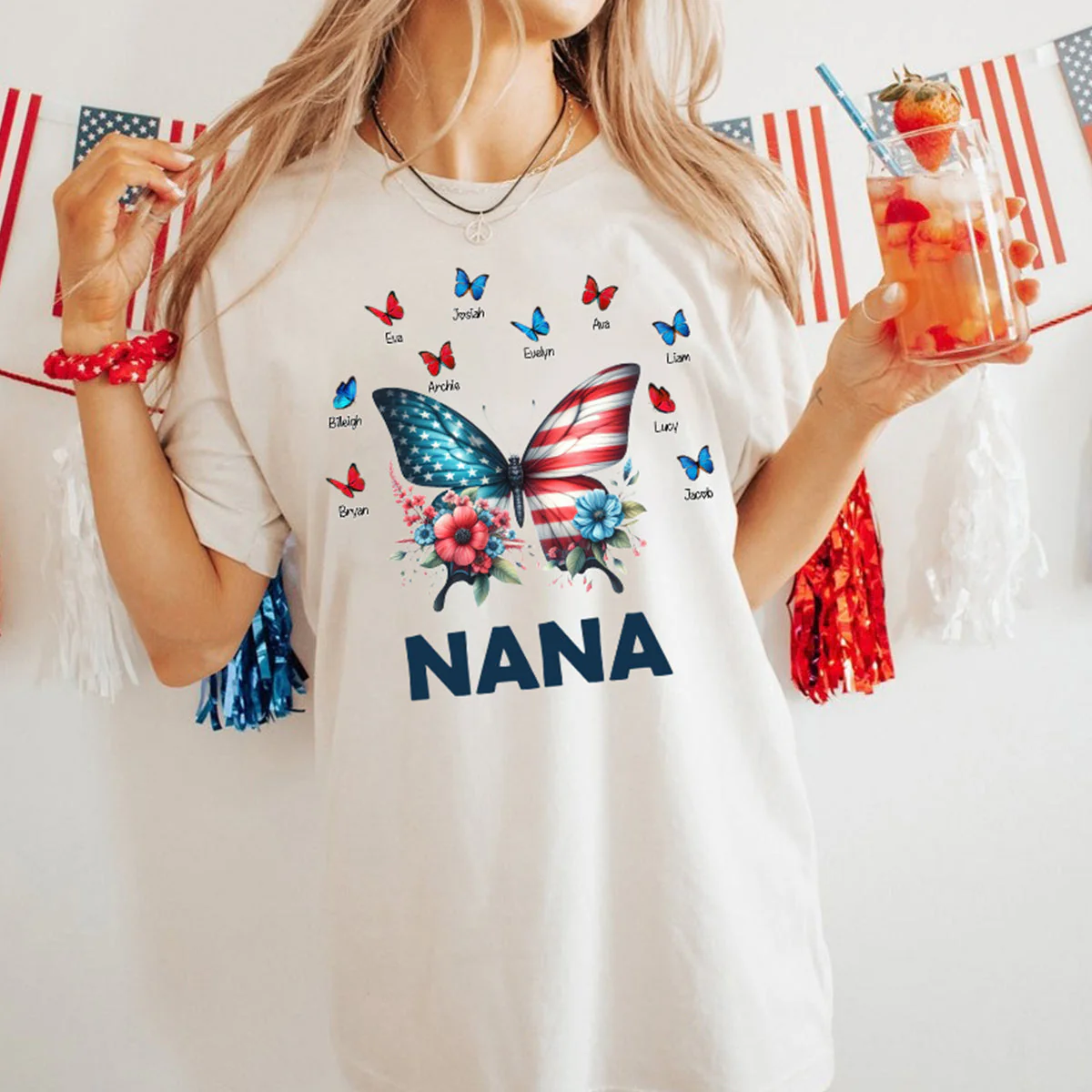 Personalized Grandma Mom Butterfly kids Independence Day T-shirt - Image 8