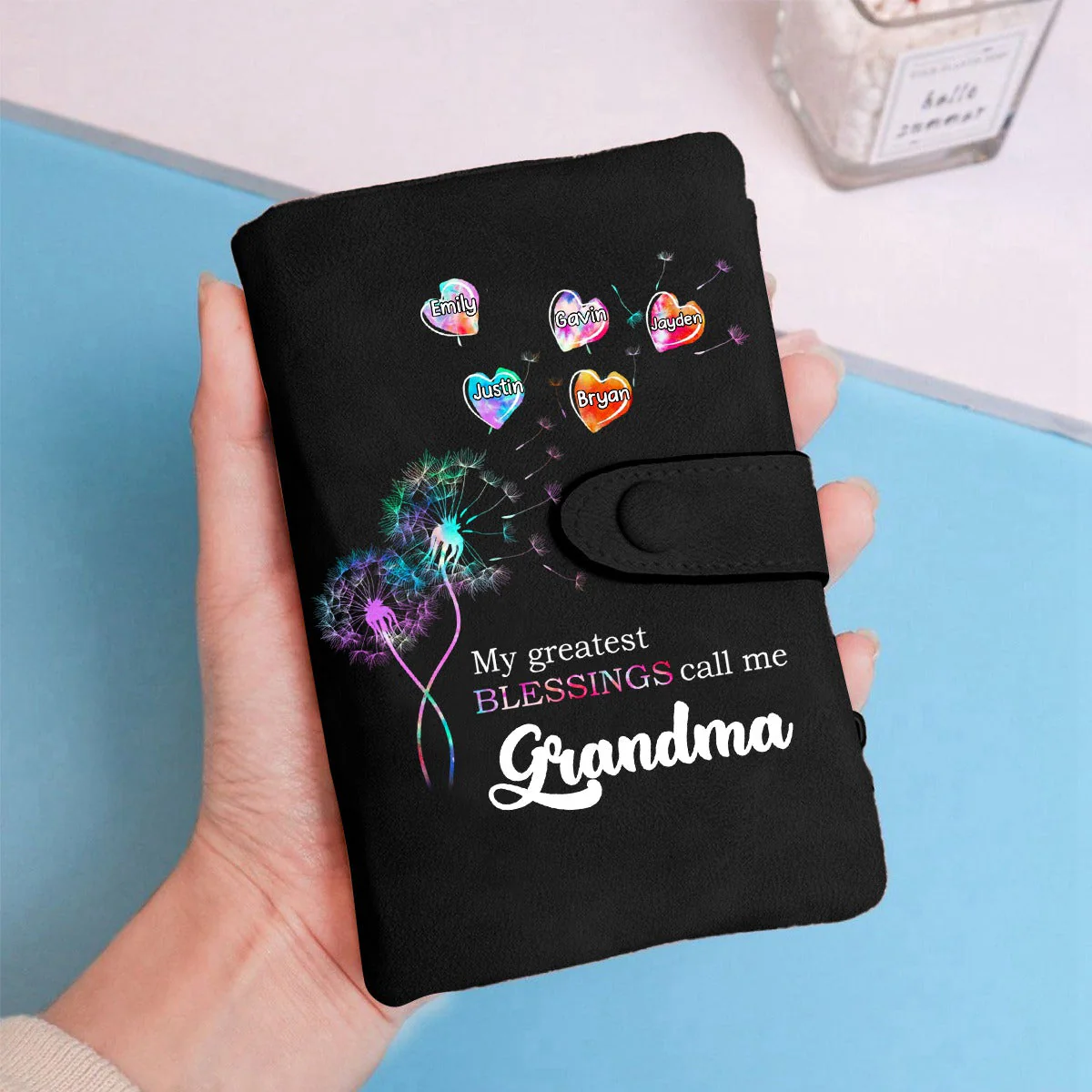 Personalized Grandma Mom Dandelion Flower Heart Leather Wallet - Image 3