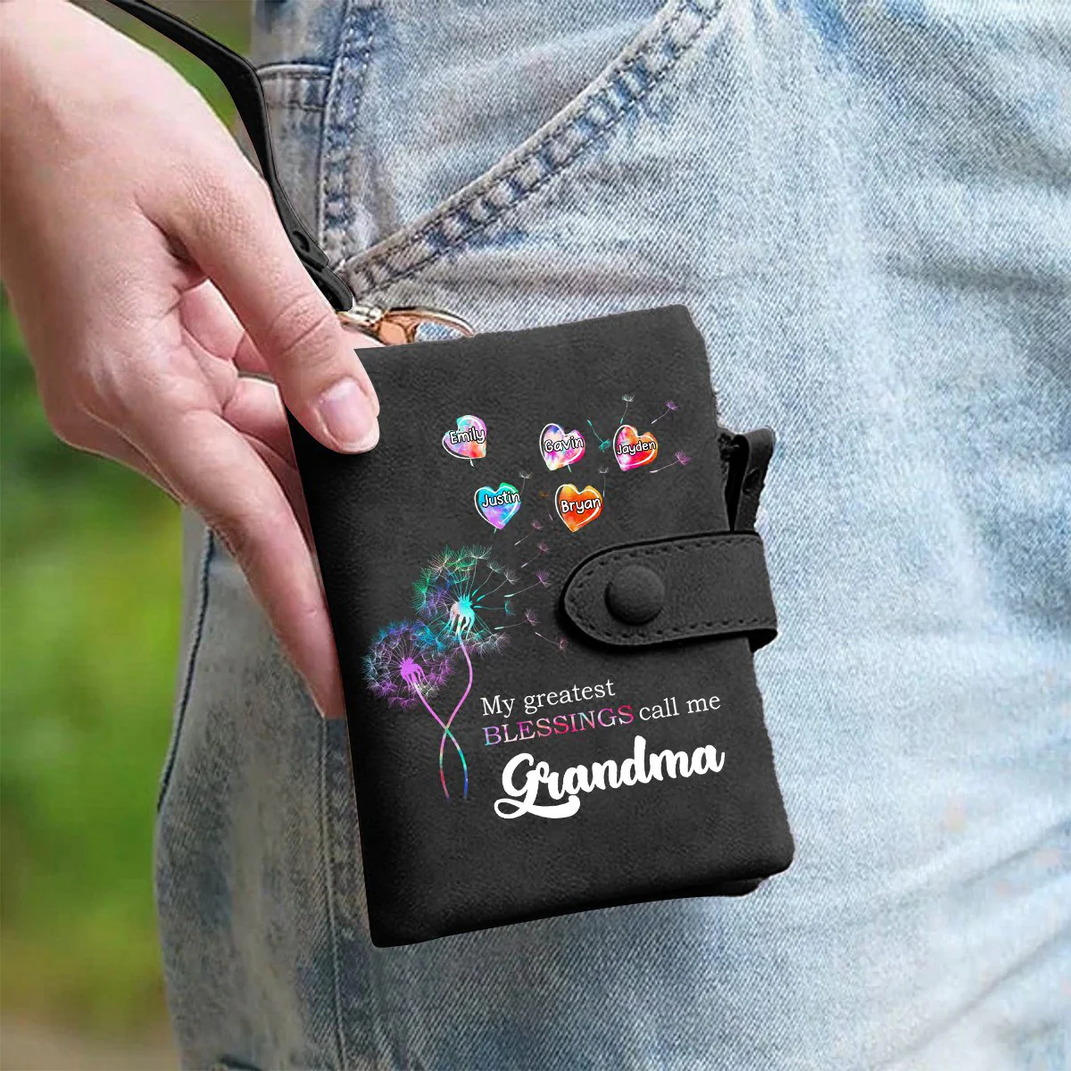 Personalized Grandma Mom Dandelion Flower Heart Leather Wallet - Image 5
