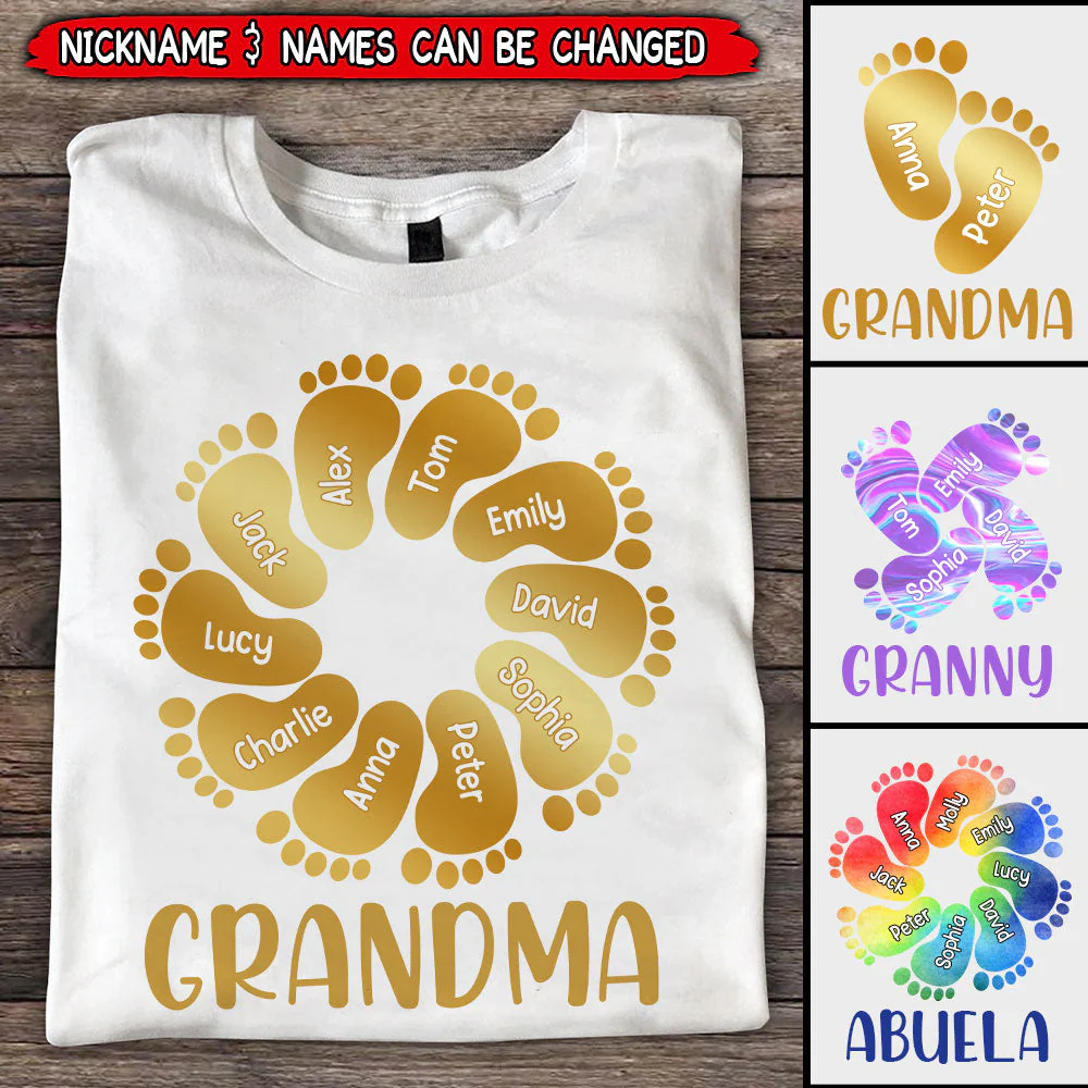 Personalized Grandma Mom Footprints Color Grandkids T-Shirt - Image 2
