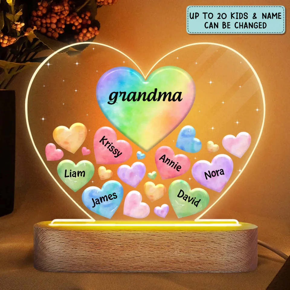 Personalized Grandma Mom Hearts In Heart Acrylic Heart LED Night Light - Image 4
