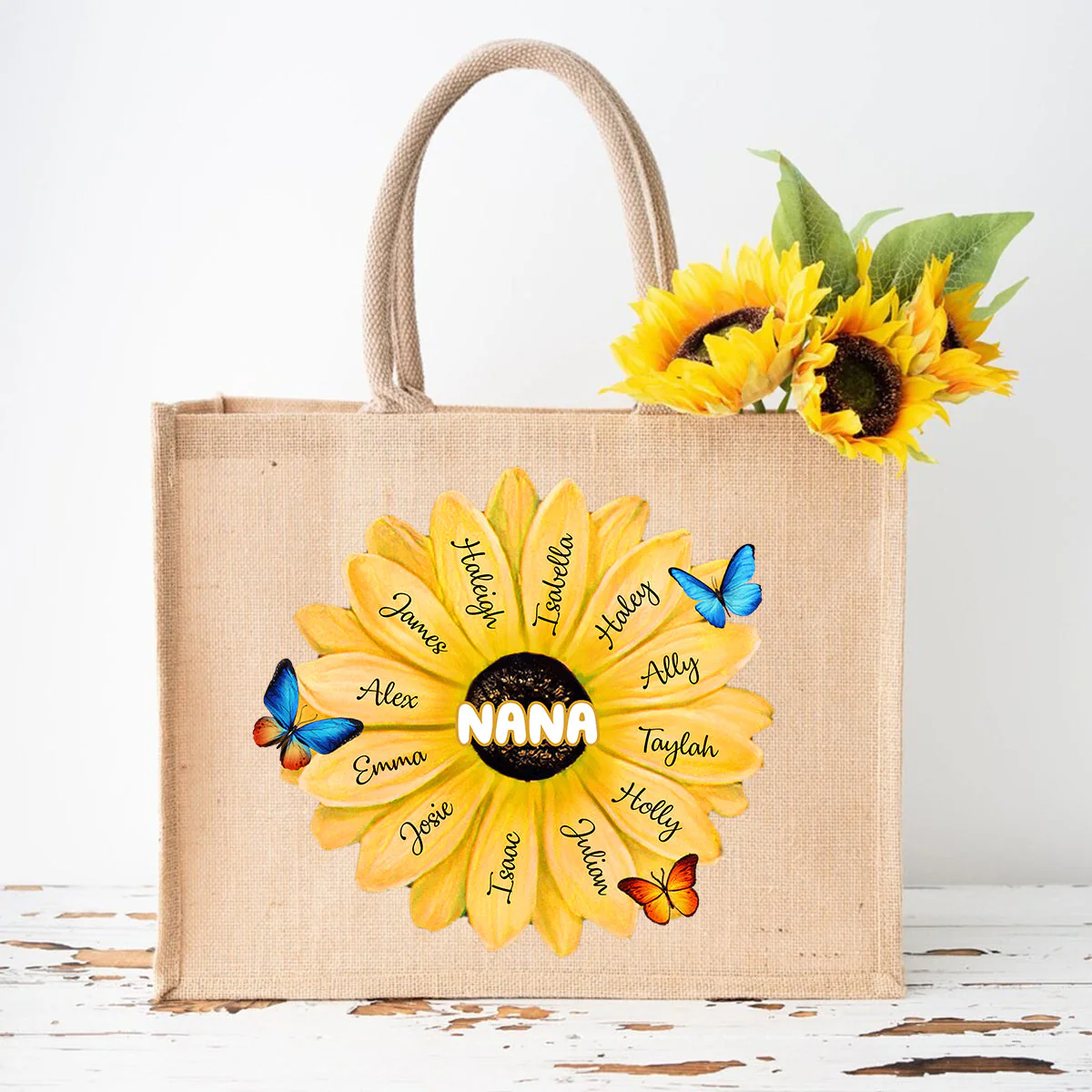 Personalized Grandma/Mom With Kids Name Flower Jute Tote Bag - Image 7