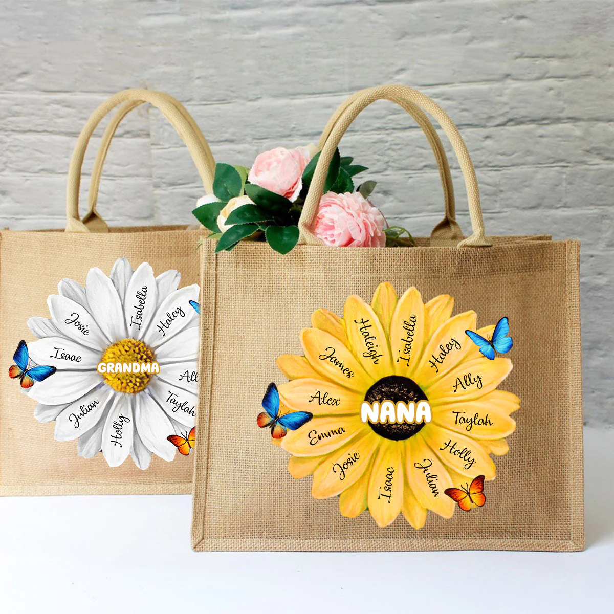 Personalized Grandma/Mom With Kids Name Flower Jute Tote Bag - Image 9
