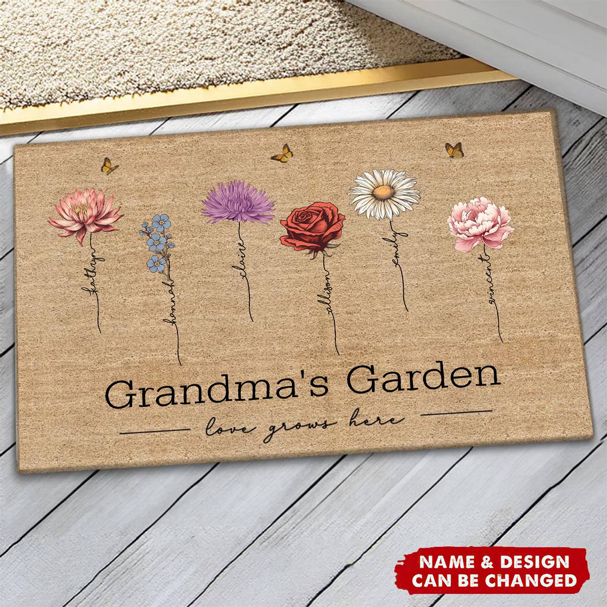 Personalized Grandma‘s Garden Love Grows Here Vintage Birth Flowers Doormat - Image 2
