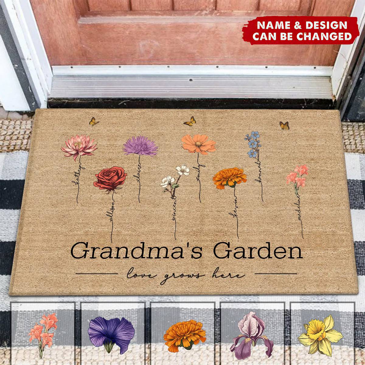 Personalized Grandma‘s Garden Love Grows Here Vintage Birth Flowers Doormat - Image 3