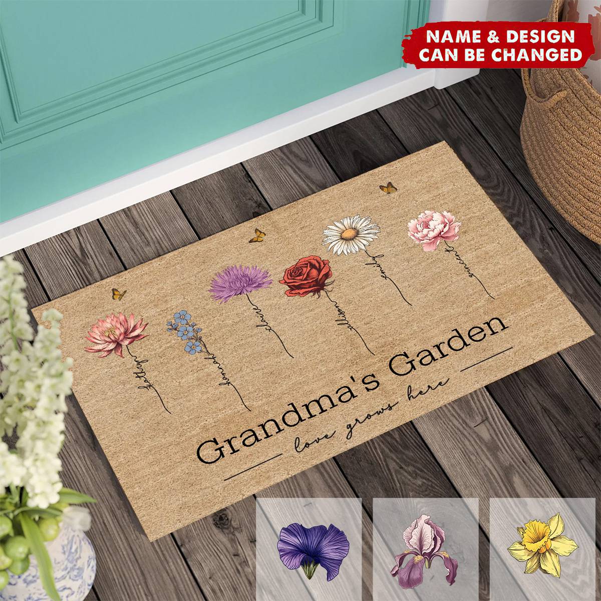 Personalized Grandma‘s Garden Love Grows Here Vintage Birth Flowers Doormat - Image 4