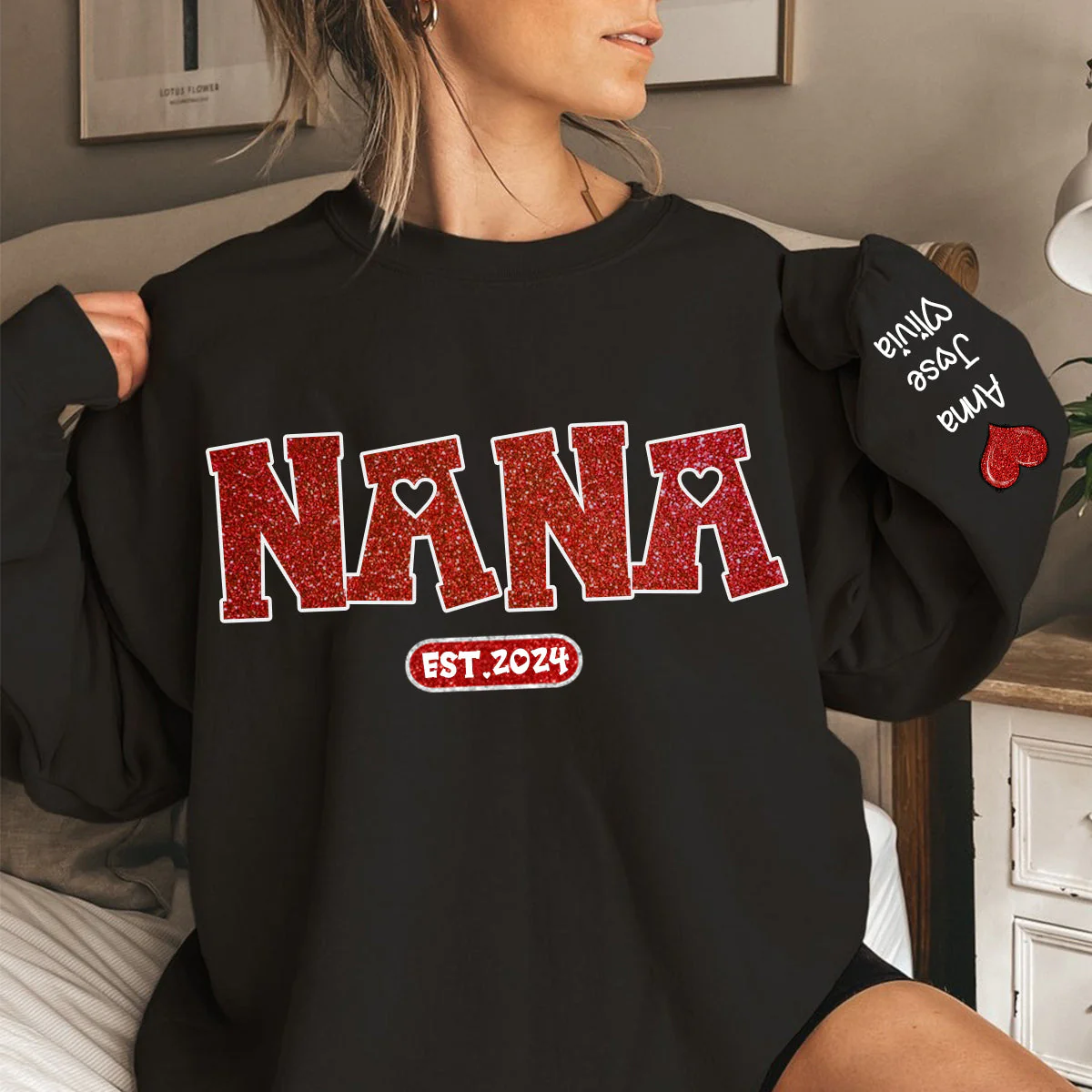 Personalized Glitter Grandma Sweatshirt Est Year with Grandkids Names on Sleeve - Image 3