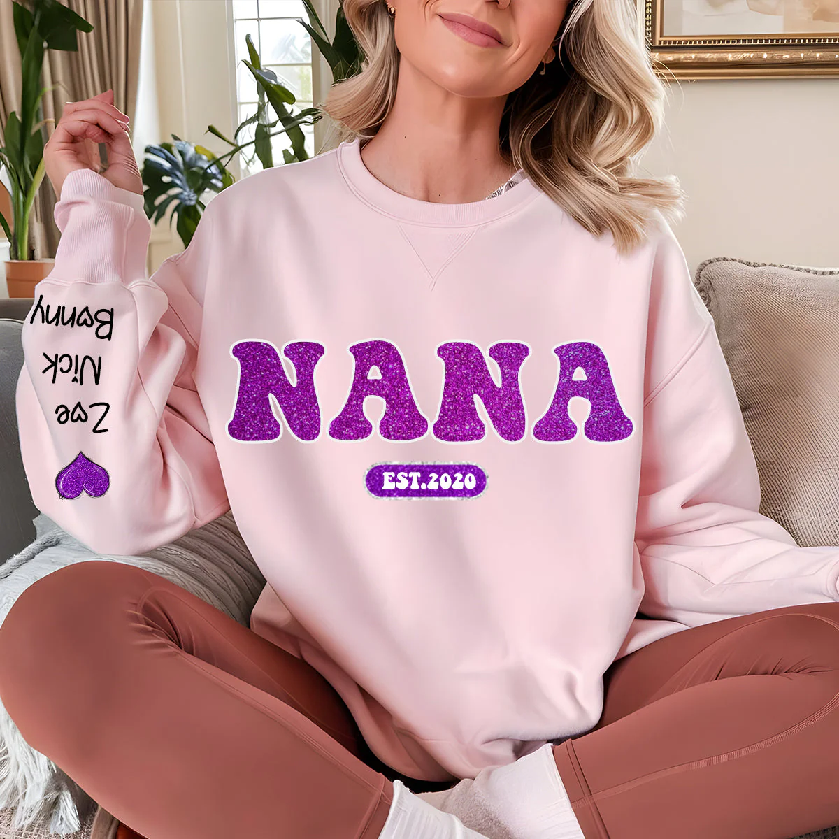 Personalized Glitter Grandma Sweatshirt Est Year with Grandkids Names on Sleeve - Image 5