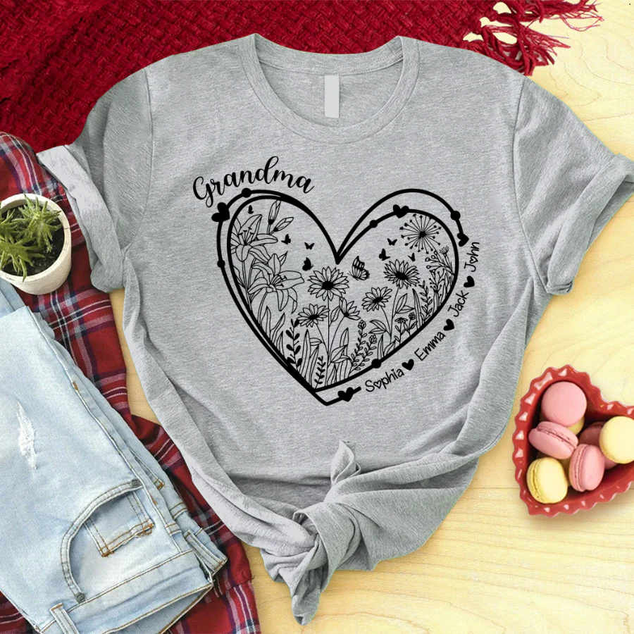 Personalized Grandma Wild flower in heart T-shirt - Image 2