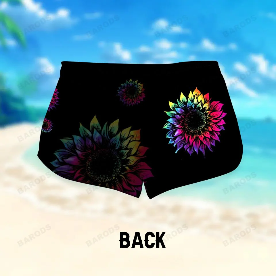 Personalized Grandma with Kid Name Tie Dye Sunflower Butterfly Woman Beach Shorts - Image 3
