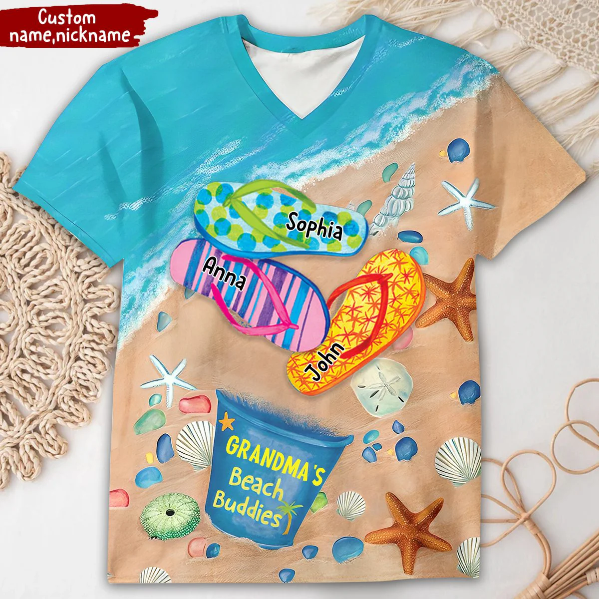 Personalized Grandma's Beach Buddies Summer Flip Flop All-over Print T Shirt - Image 2