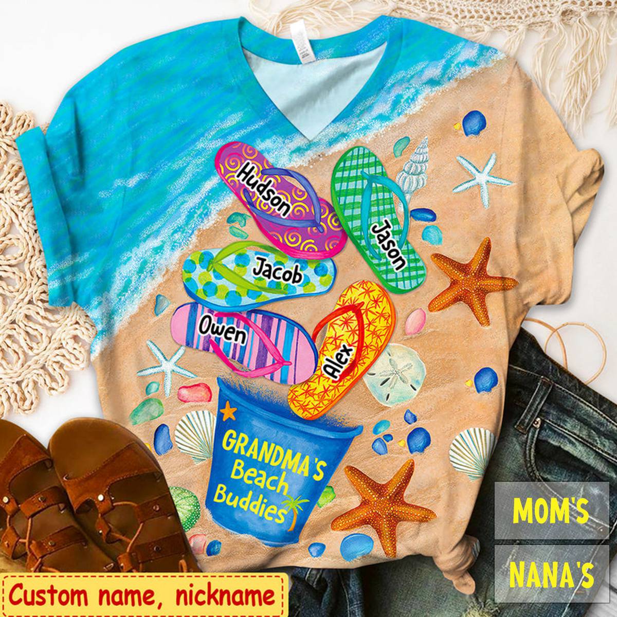 Personalized Grandma's Beach Buddies Summer Flip Flop All-over Print T Shirt - Image 3