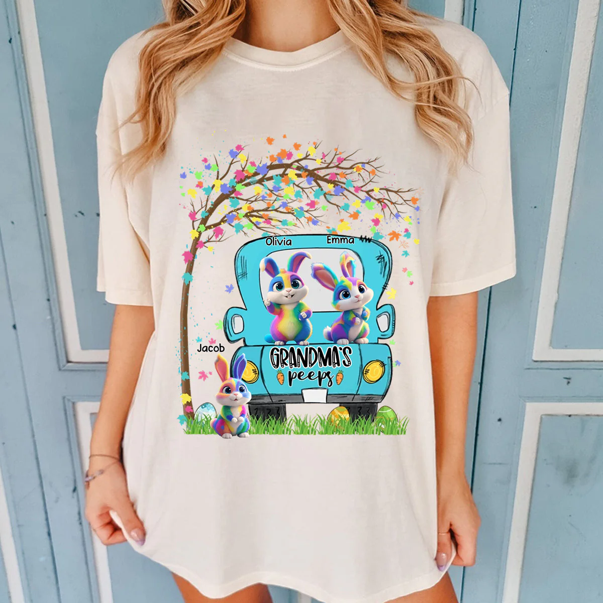 Personalized Grandma's Kids Bunny Tree Easter Day Pure Cotton T-Shirt - Image 2