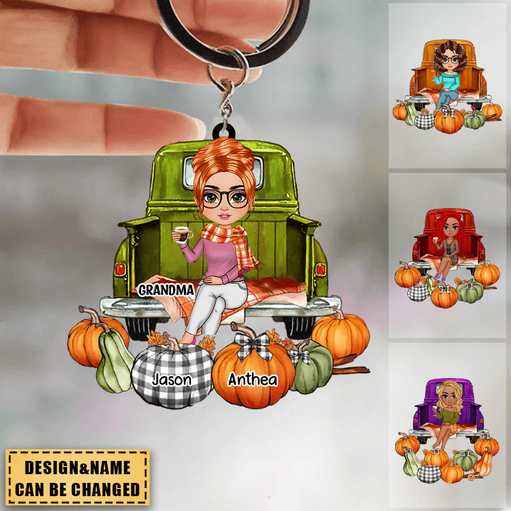 Personalized Grandma's Little Pumpkins Fall Season Truck Acrylic Keychain - Image 2