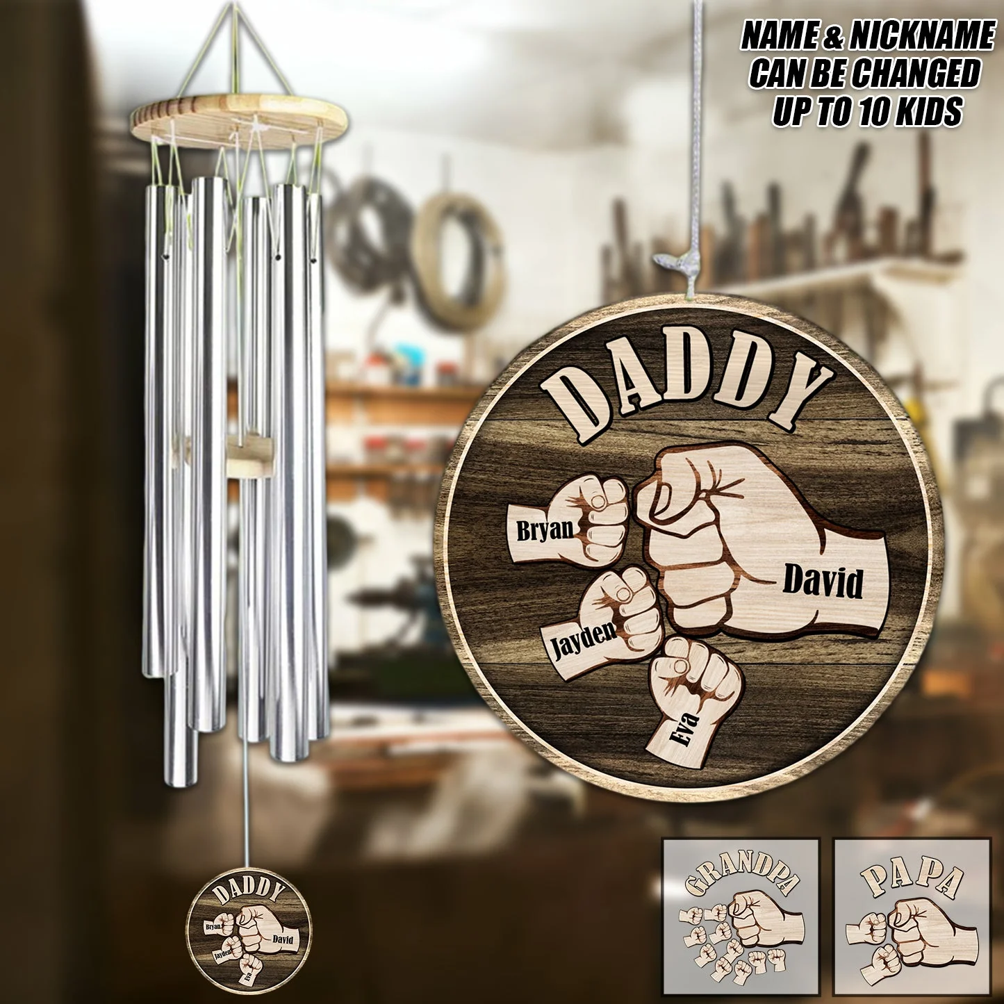 Personalized Grandpa Dad kids Hands Fist Bump Wind Chimes - Image 6