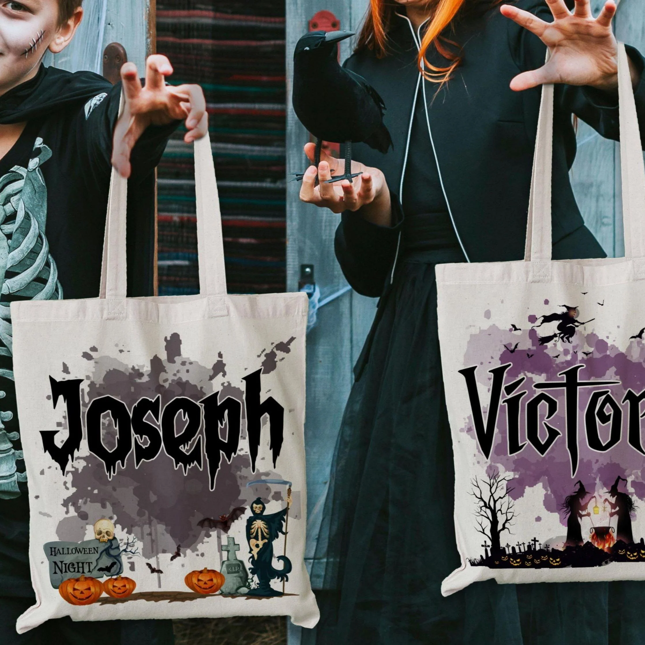 Personalized Halloween  Canvas Tote Bag - Pumpkin Witch Black Cat Castle Skeleton Ghost - Image 3