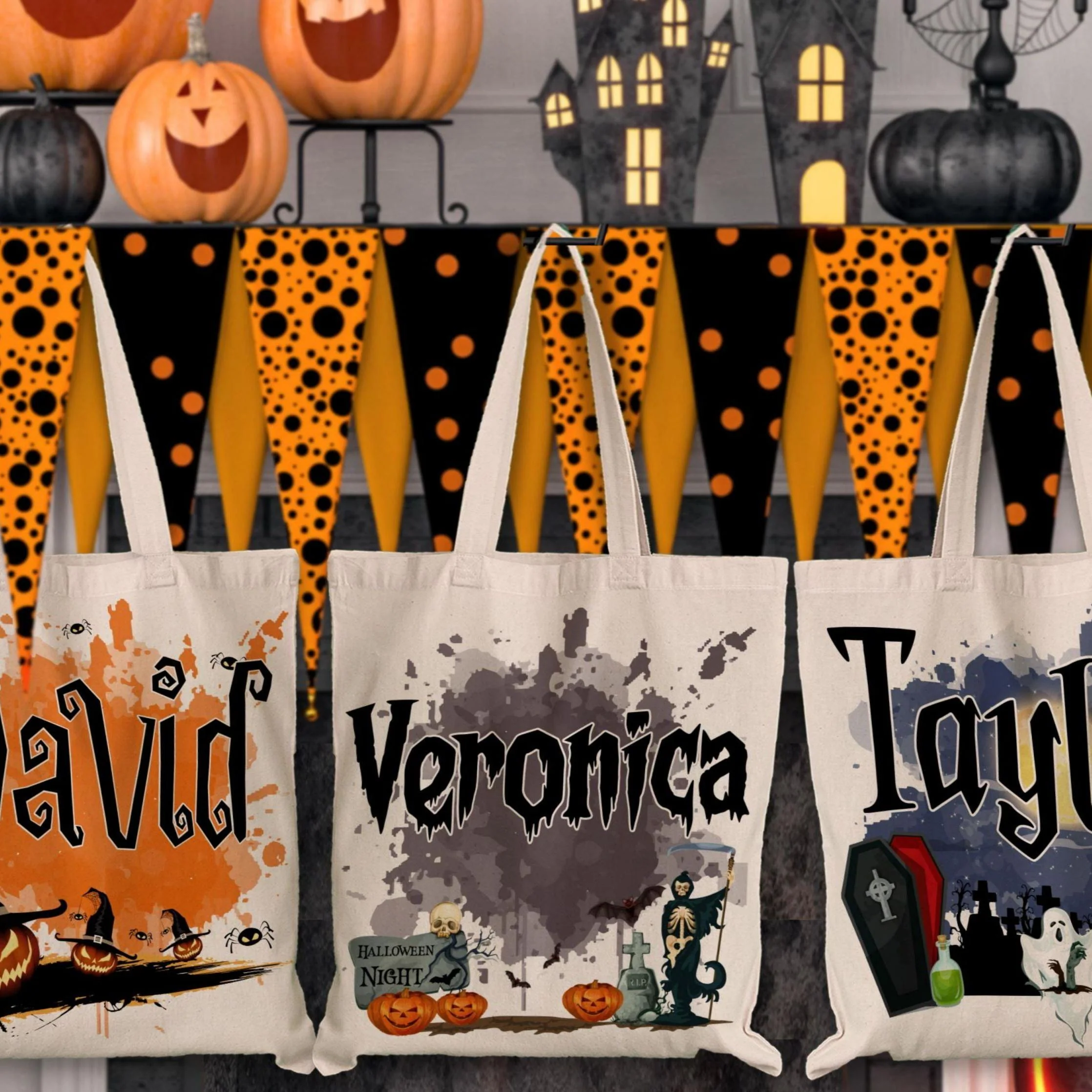 Personalized Halloween  Canvas Tote Bag - Pumpkin Witch Black Cat Castle Skeleton Ghost - Image 4