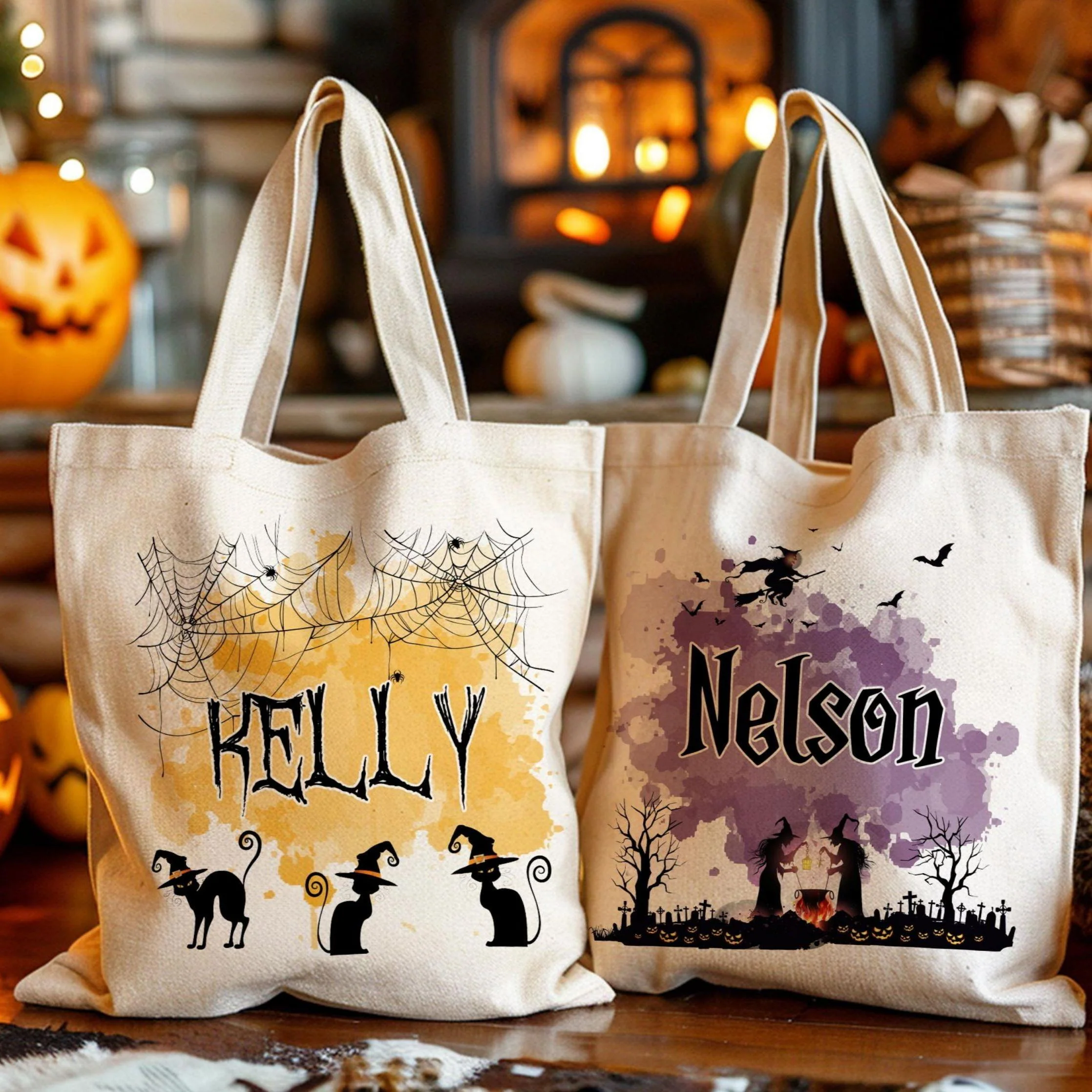 Personalized Halloween  Canvas Tote Bag - Pumpkin Witch Black Cat Castle Skeleton Ghost - Image 5