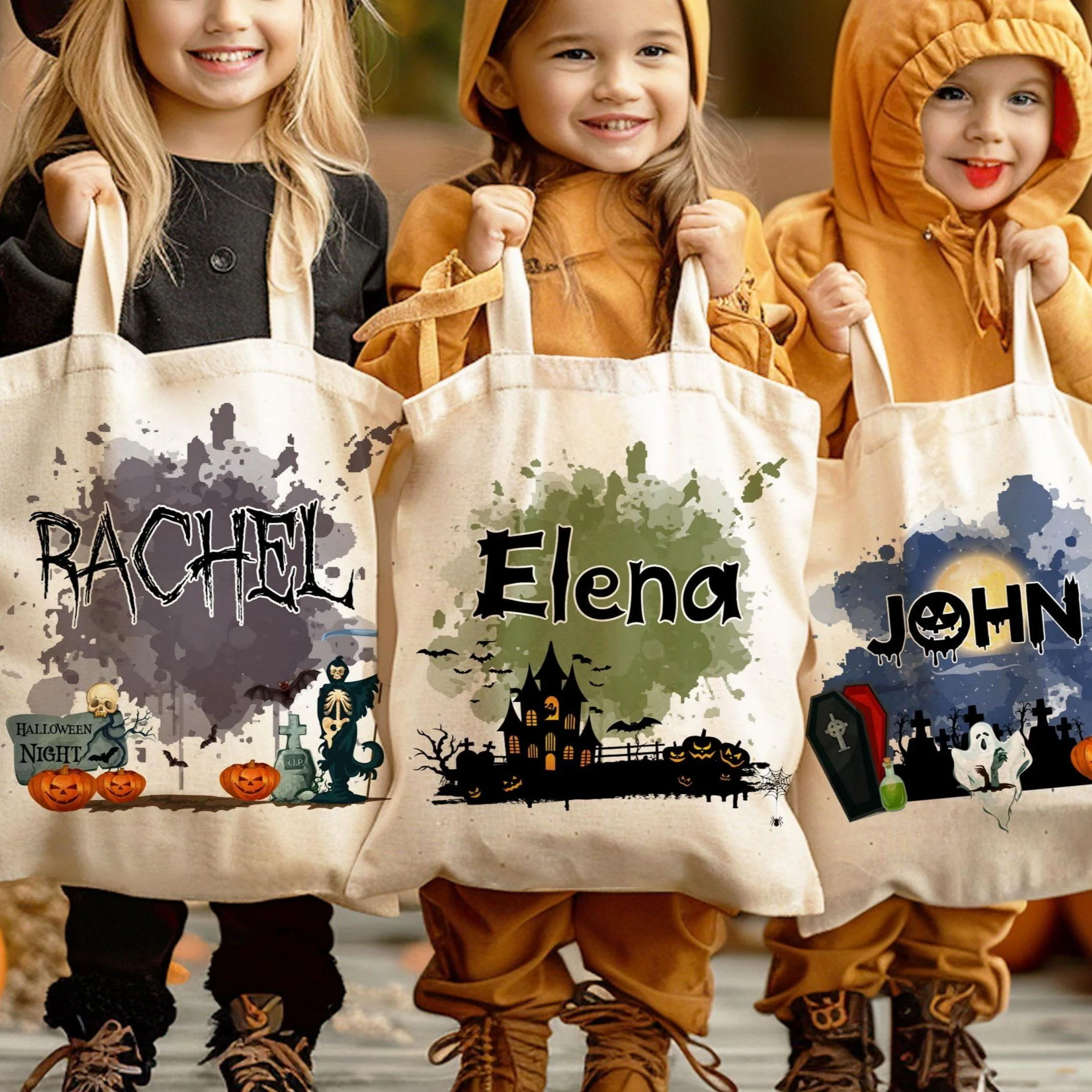 Personalized Halloween  Canvas Tote Bag - Pumpkin Witch Black Cat Castle Skeleton Ghost - Image 6