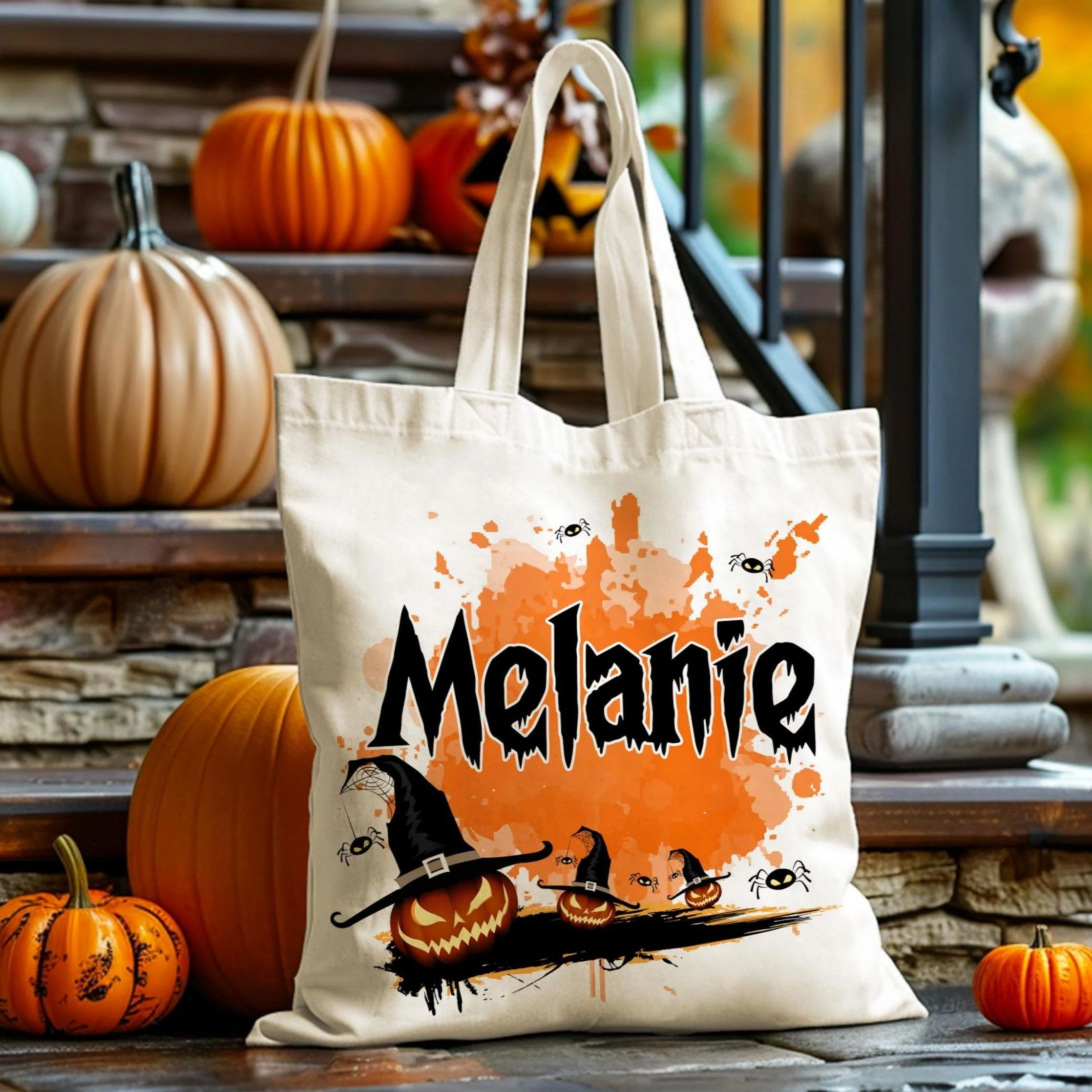 Personalized Halloween  Canvas Tote Bag - Pumpkin Witch Black Cat Castle Skeleton Ghost - Image 7