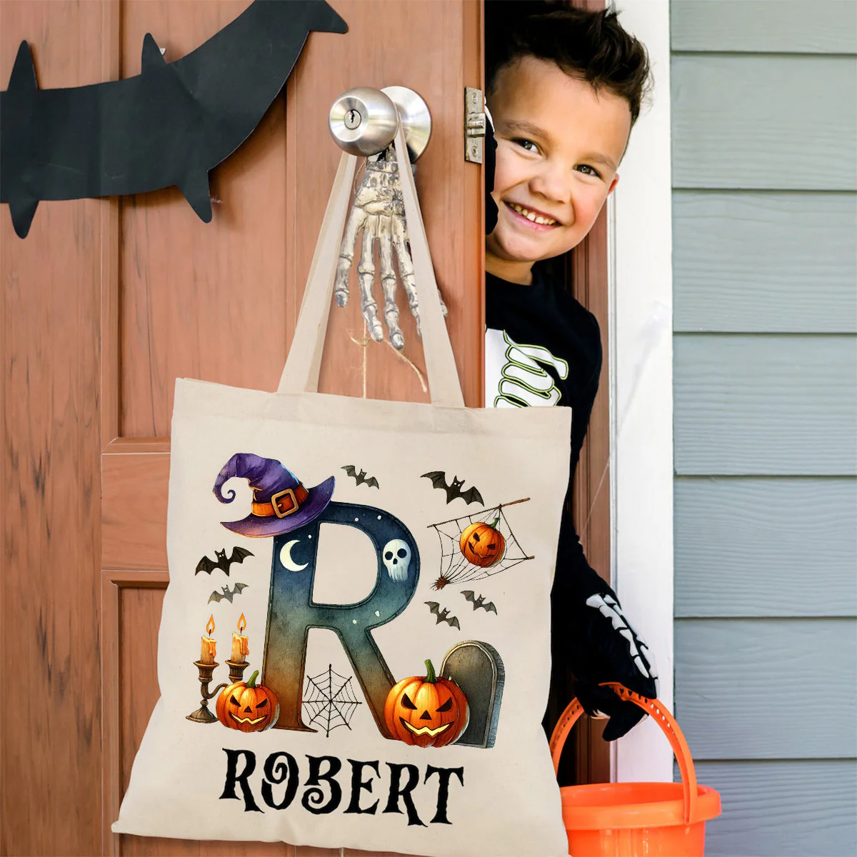 Personalized Halloween Trick Or Treat Candy Monogram Canvas Tote Bag For Kids - Image 2